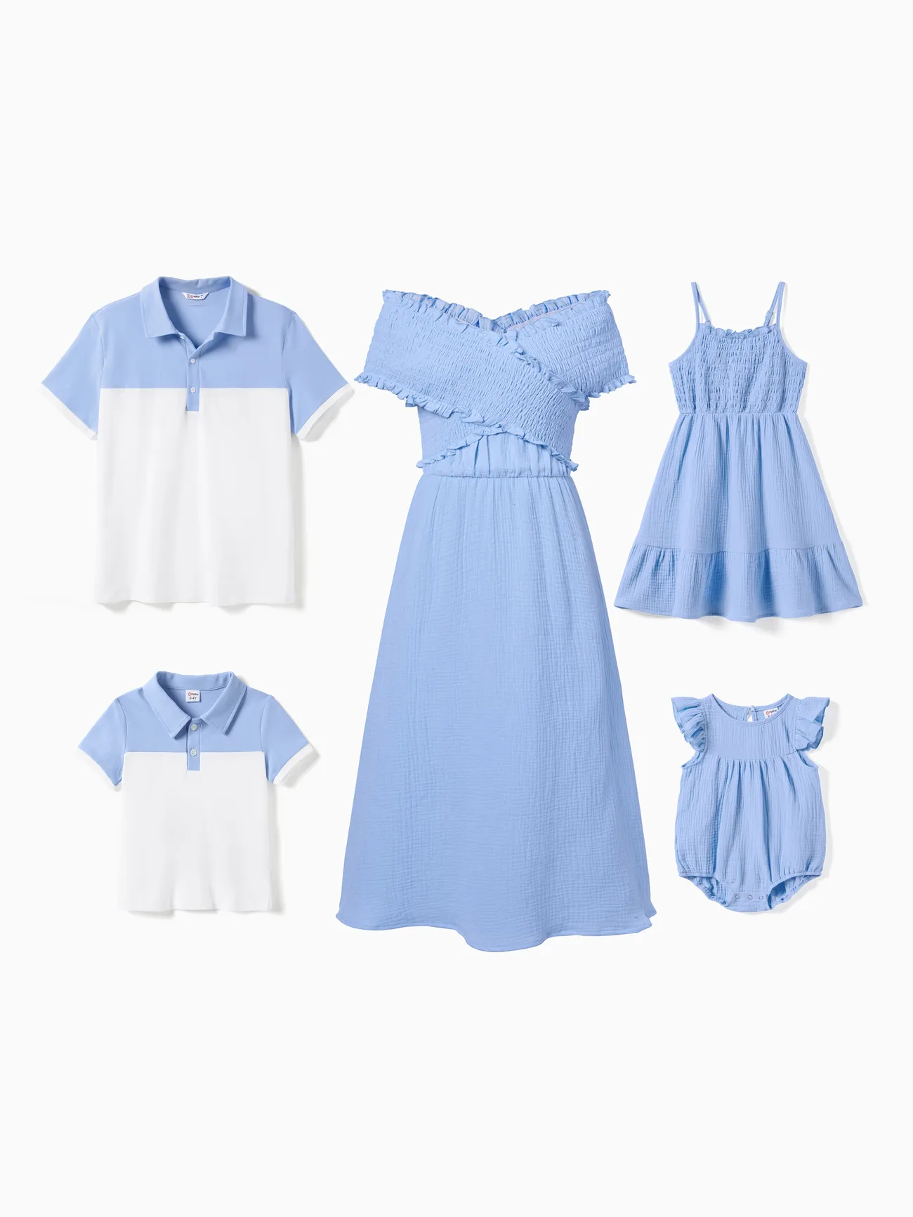Family Matching Colorblock Polo Shirt and Shirred Cross Front Bodice Off-Shoulder Dress Sets - Blue - image 1