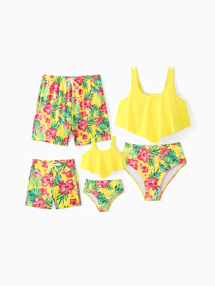 Family Matching Yellow Tropical Drawstring Swim Trunks or Flowy Two-Piece Swimsuit