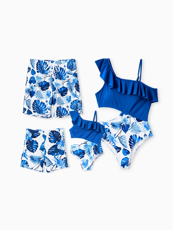 Family Matching Floral Drawstring Swim Trunks or Ruffle One Shoulder Swimsuit with single Strap