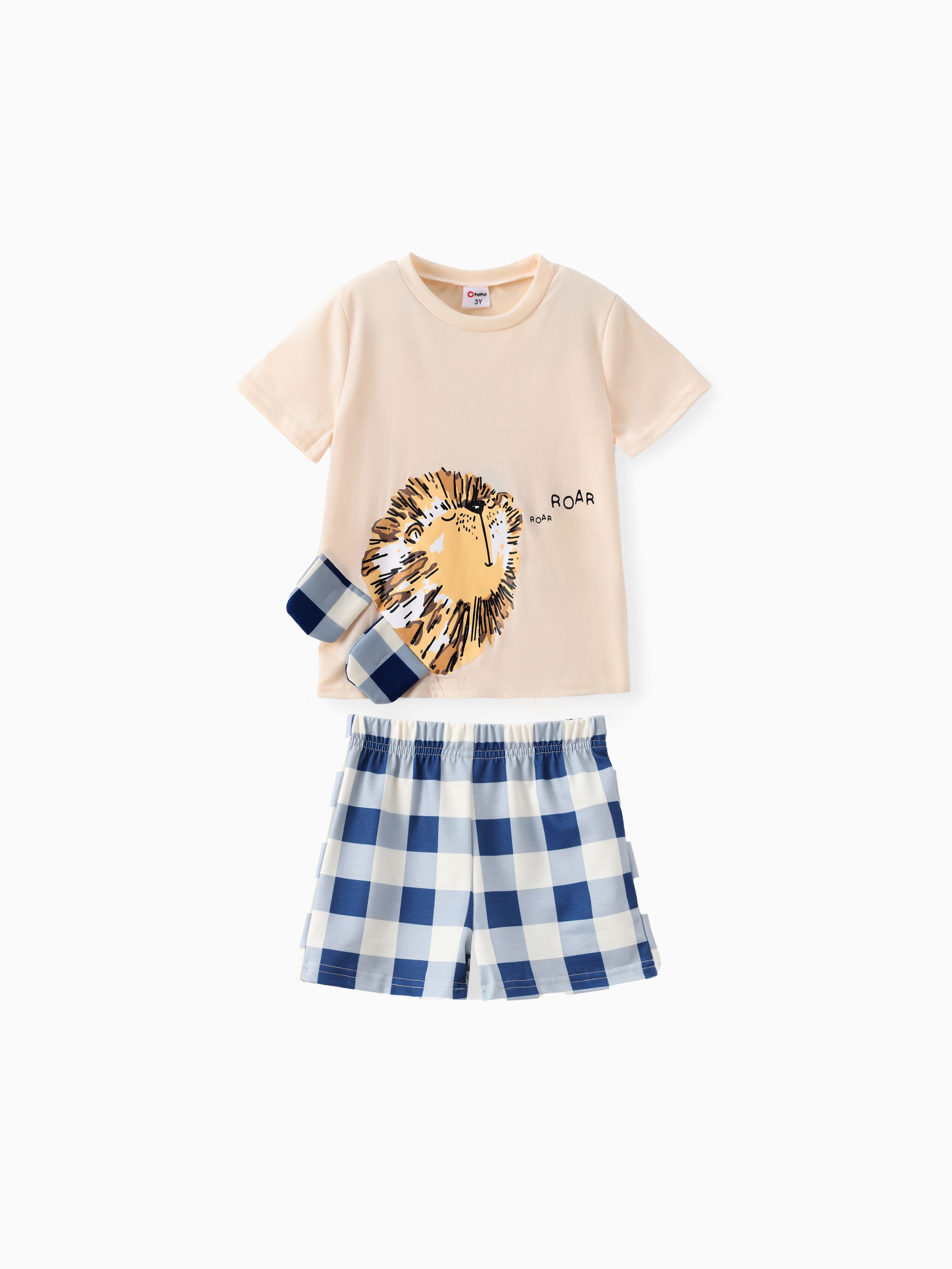 

2pcs Toddler Boy Playful Lion Letter Print Tee and Plaid Shorts Set