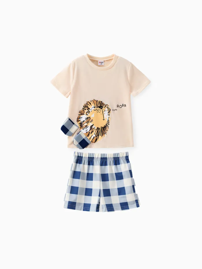 2pcs Toddler Boy Playful Lion Letter Print Tee and Plaid Shorts Set