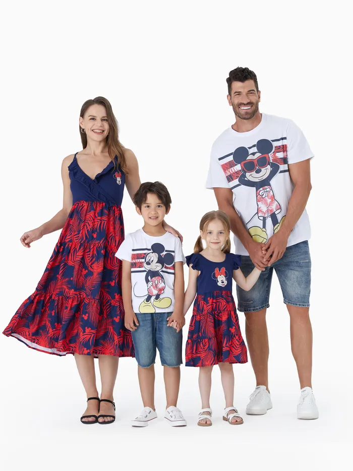 Disney Family Matching Plant Print Emenda Vestidos de Cami com babados e Algodão listrado Short-sleeve T-shirts Sets