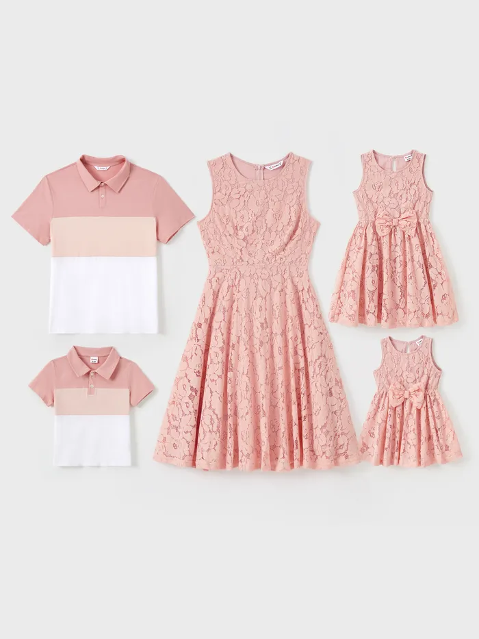 Família combinando conjuntos rosa cor bloco camisa polo ou ilhós de renda vestido sem mangas