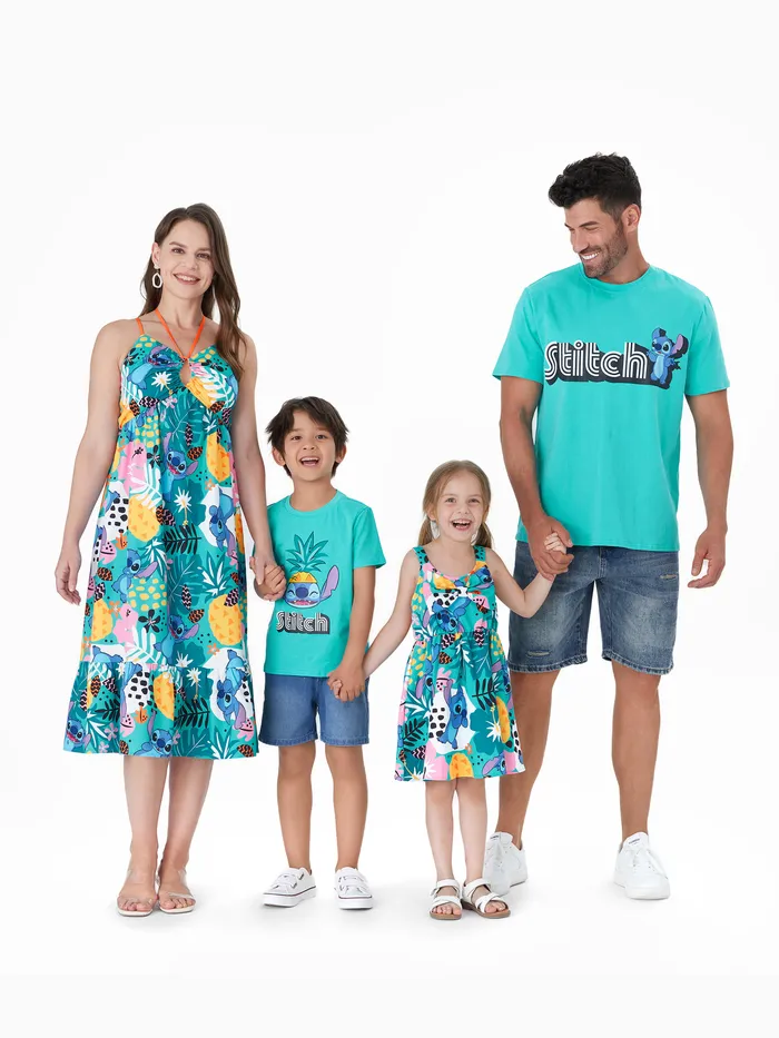 Disney Stitch Family Matching Tropical Flower and Plant Hawaii Style Sleeveless Halter Dress/Cotton Tee
