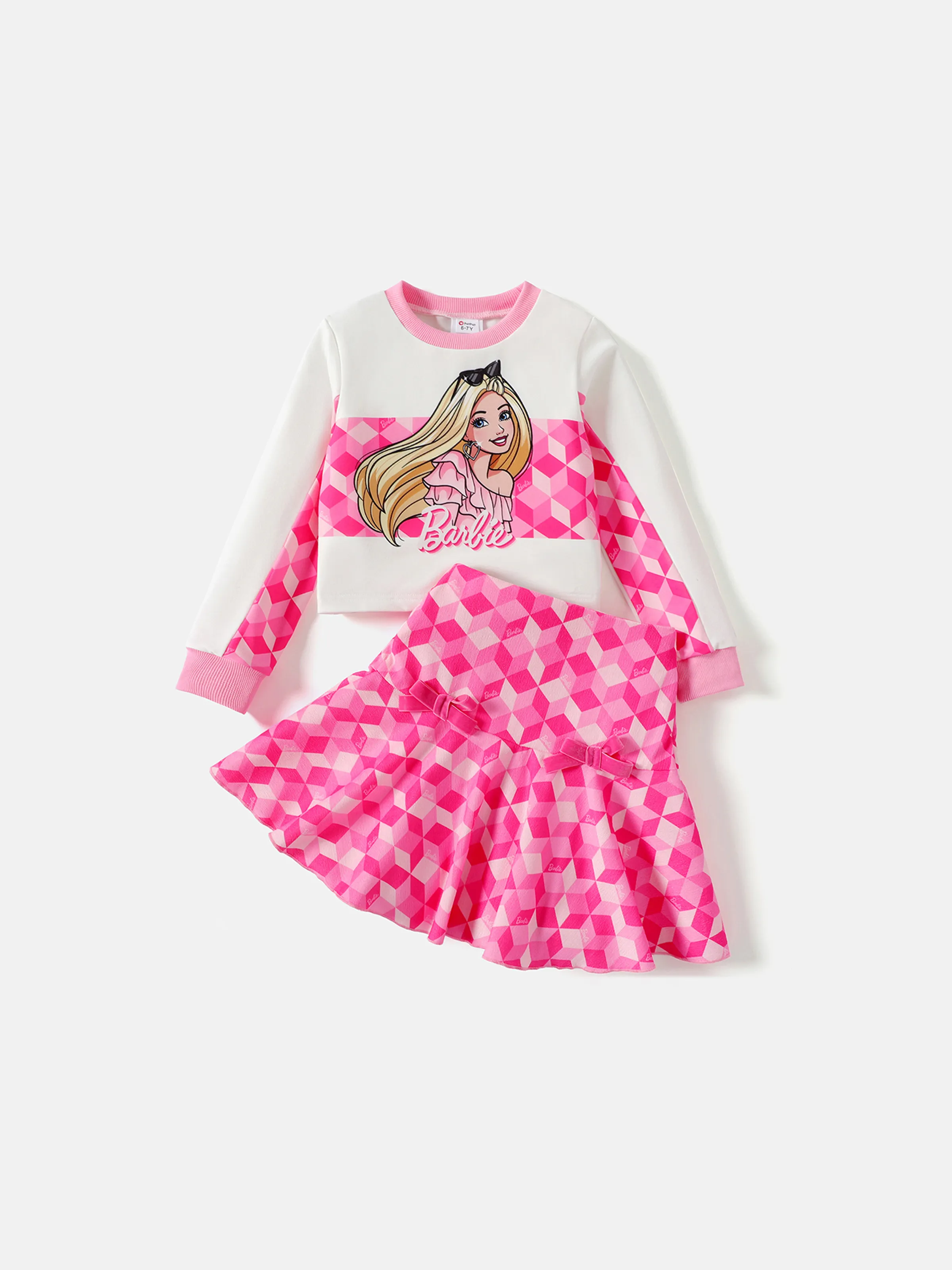 

Barbie 2pcs Kid Girl Plaid Colorblock Long-sleeve Tee and Bowknot Design Skirt Set