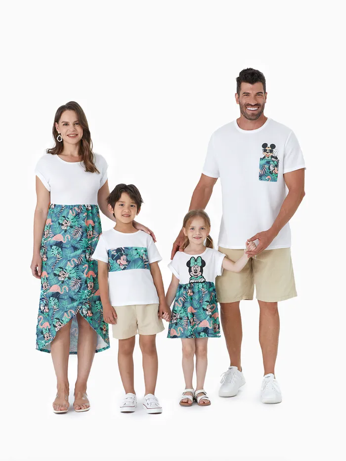 Disney Mickey e Amigos Família Combinando Tropical Botânico Estampa Waffle T-shirt Tecido / Vestido