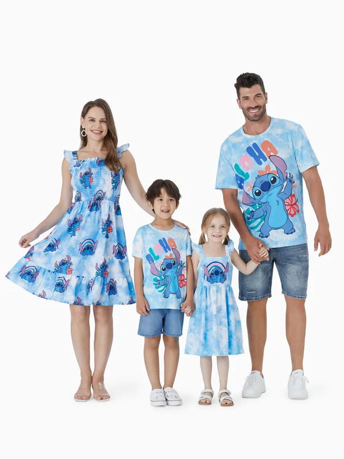Disney Stitch Family Matching Naia™ Blumen Charakter Print Himmelblau Batik ärmelloses Kleid/Strampler/T-Shirt