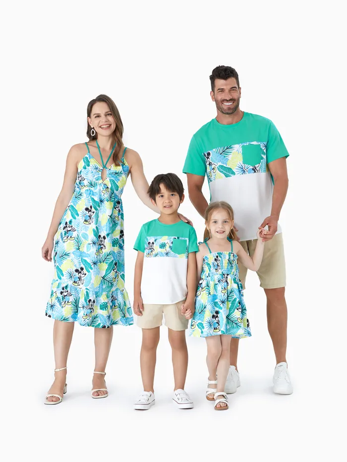 Disney Mickey et ses amis famille assortie Naia™ Tropical Floral Plant Print Bowknot Robe / Robe sans manches / T-shirt en coton
