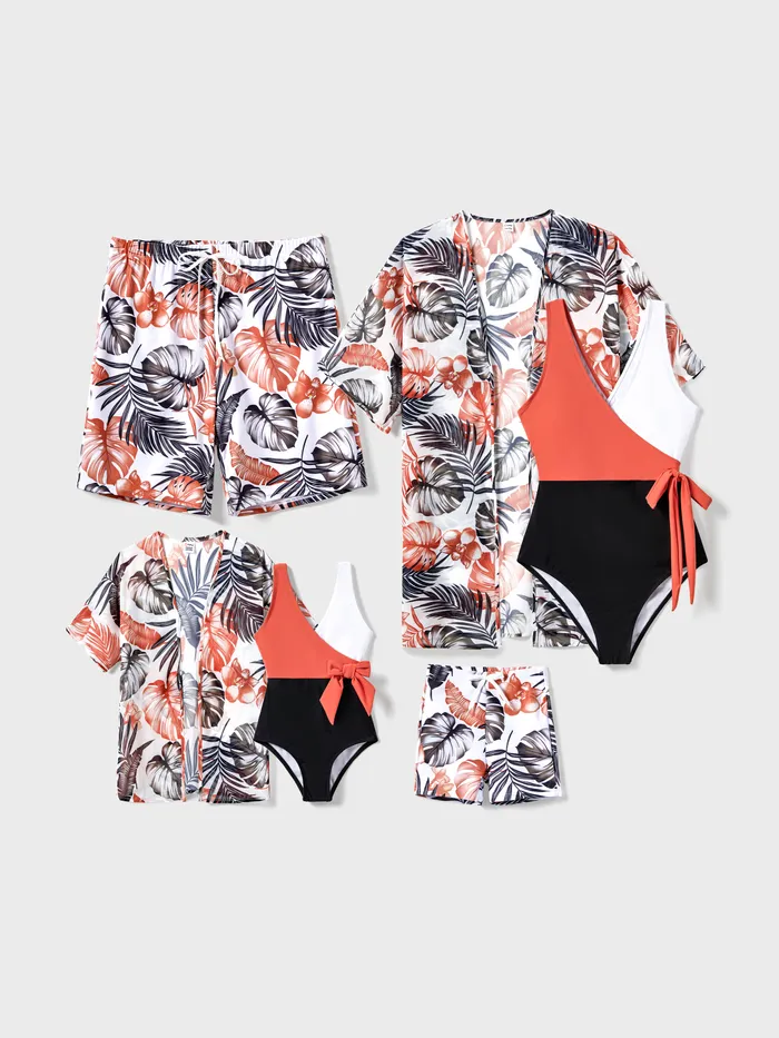 Family Matching Floral Drawstring Swim Trunks or Color Block Wrap Side Swimsuit with Optional Swim Cover Up