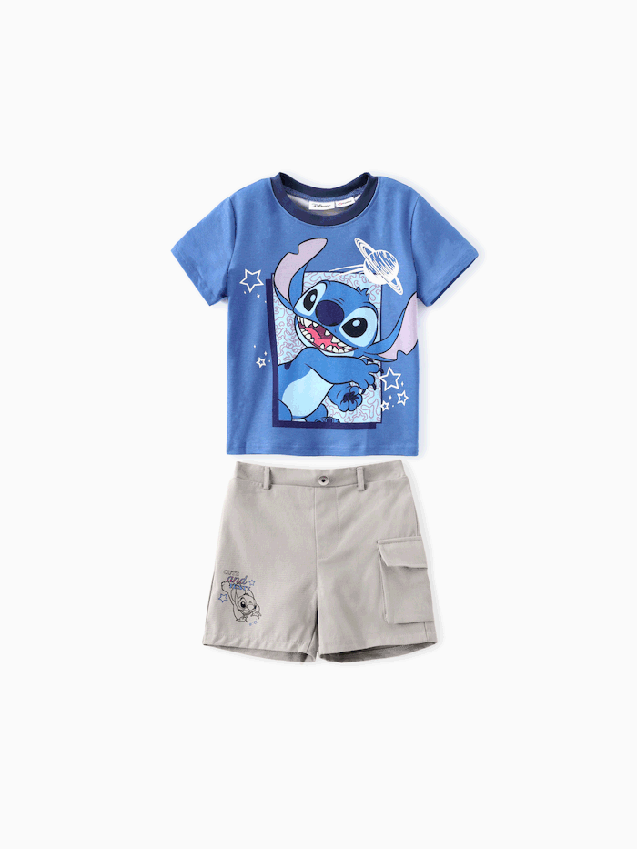 Disney Stitch Toddler Boys 2pcs Stitch Tee Personagem Estampa com Cotton Shorts Set