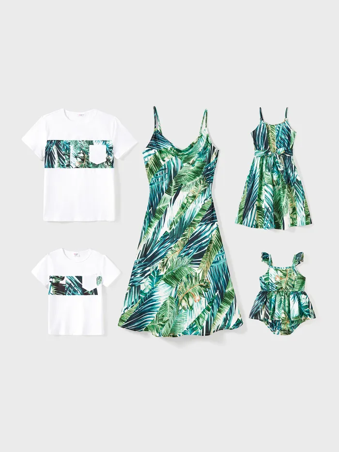 Family Matching Floral Panel Color Block Tee and Tropical Leaf Pattern Satin Swing Neck Slip Dress Sets