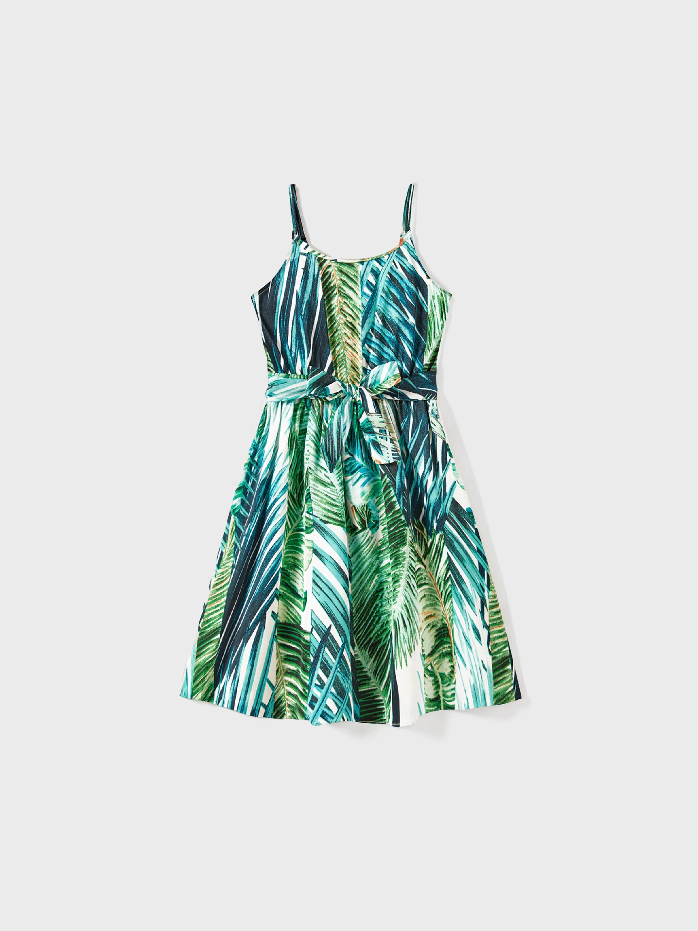 

Family Matching Floral Panel Color Block Tee and Tropical Leaf Pattern Satin Swing Neck Slip Dress Sets