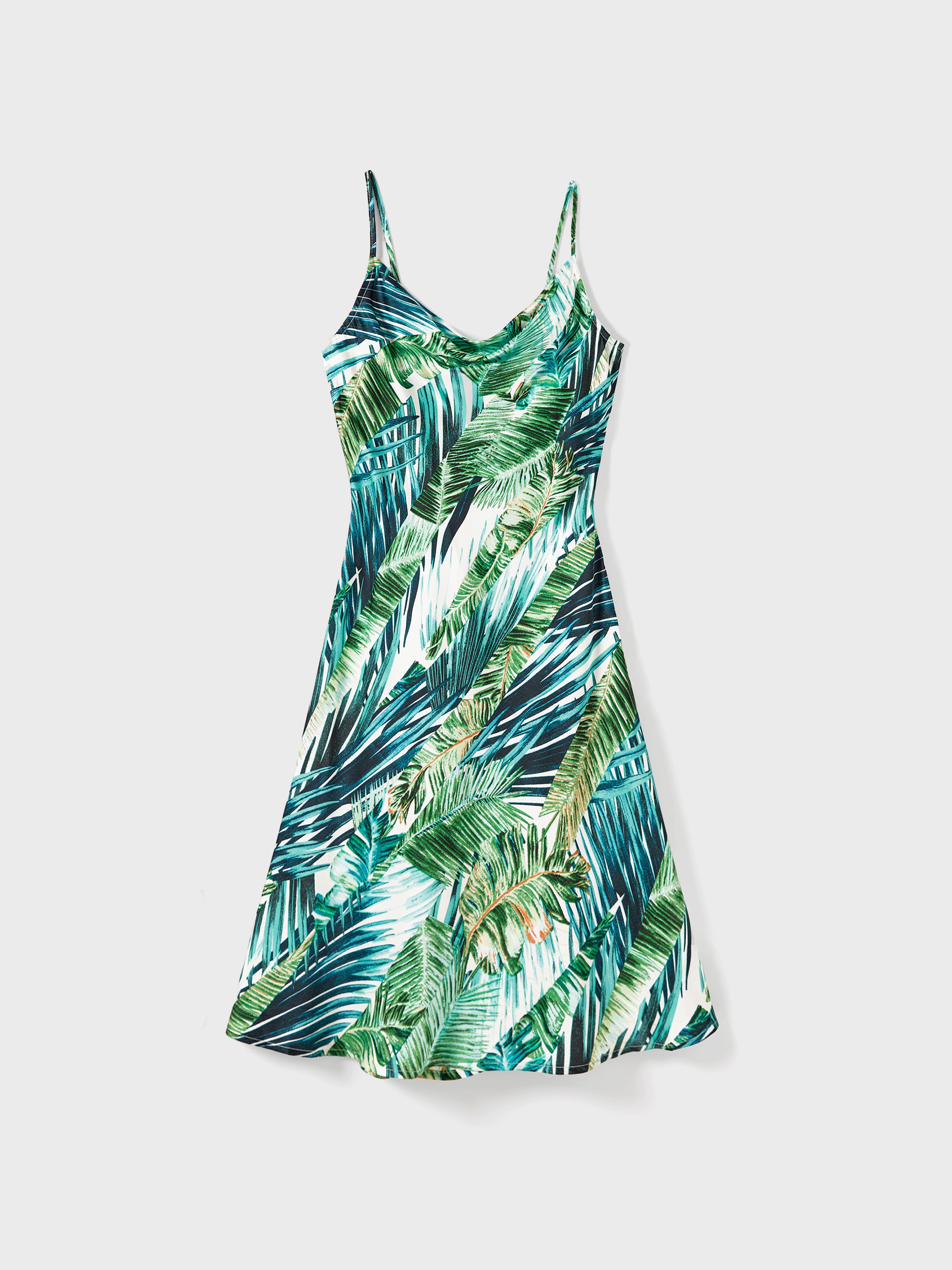 

Family Matching Floral Panel Color Block Tee and Tropical Leaf Pattern Satin Swing Neck Slip Dress Sets