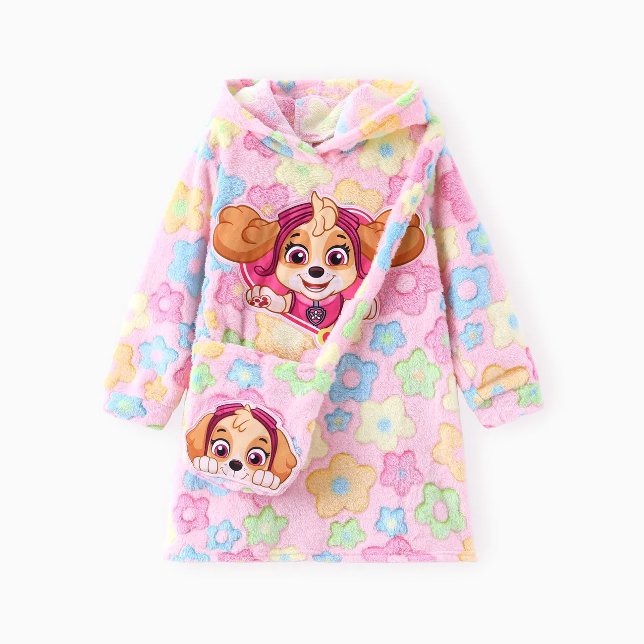 Paw Patrol Toddlers Girl 2pc Embroidered Character Flower Print Plush Hooded Dress With Cute Skye Bag Set