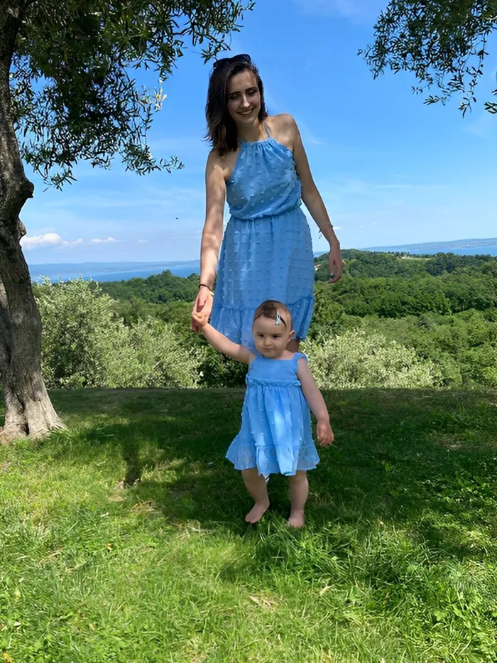 Family Matching Blue Swiss Dot Textured Halter Neck Sleeveless Dresses and Short-sleeve Striped Colorblock T-shirts Sets