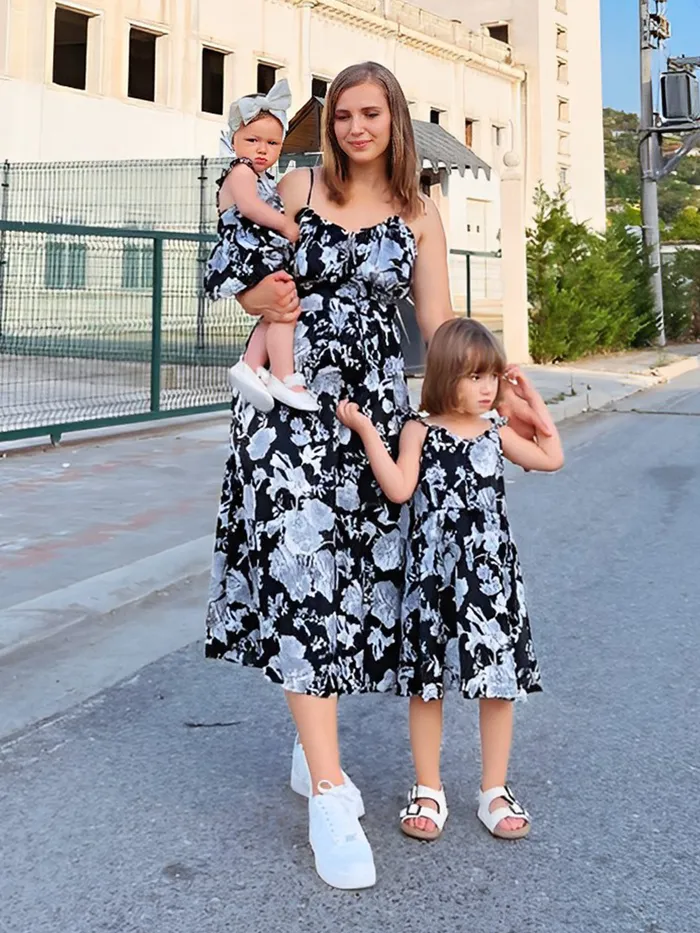 Mommy and Me Black Floral Tie Neck Ruched Bust Sateen Slip Dress 