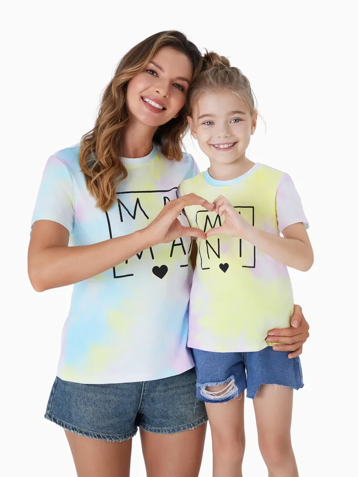Camiseta de manga corta con estampado de letras y teñido anudado de 95 % algodón Mami y yo