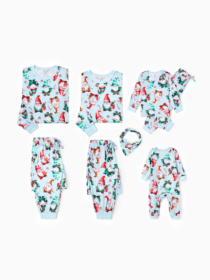 Christmas Family Matching Light Blue Allover Gnome Pattern Pajamas Sets with Drawstring and Pockets 