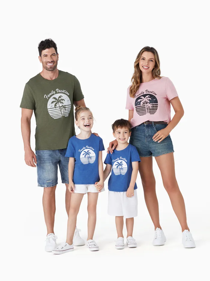 家庭配套度假氛圍短袖椰子樹圖案T恤