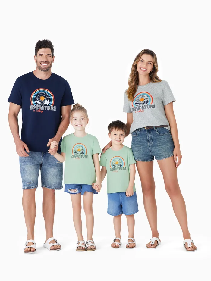 速幹家庭匹配彩虹圖案標語印花自然主題短袖圖案T恤