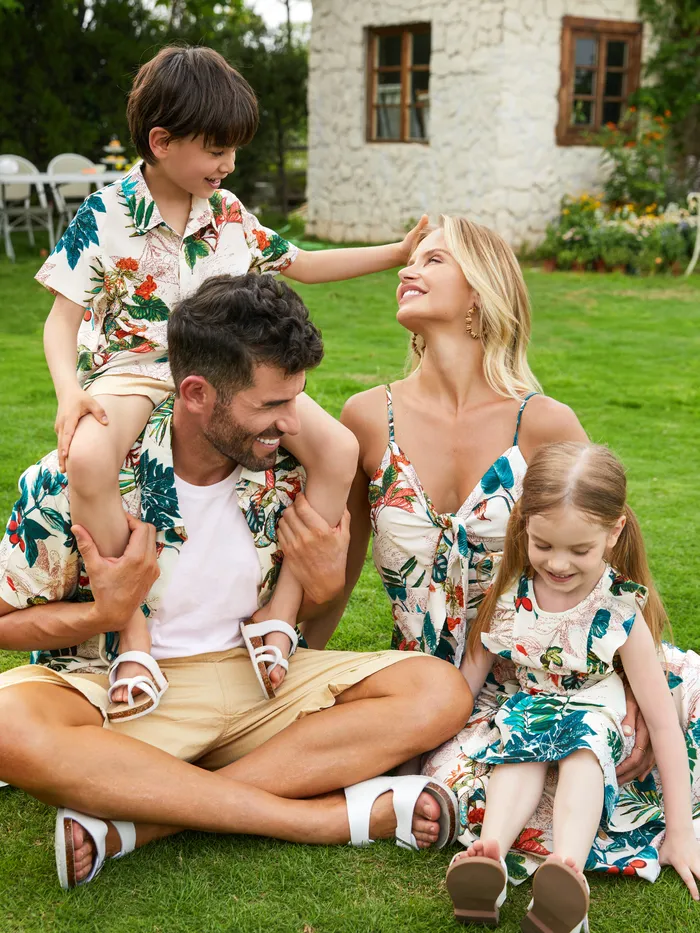 Familia A juego Allover Planta Estampado Floral Vestidos y Camisas de Manga Corta Conjuntos