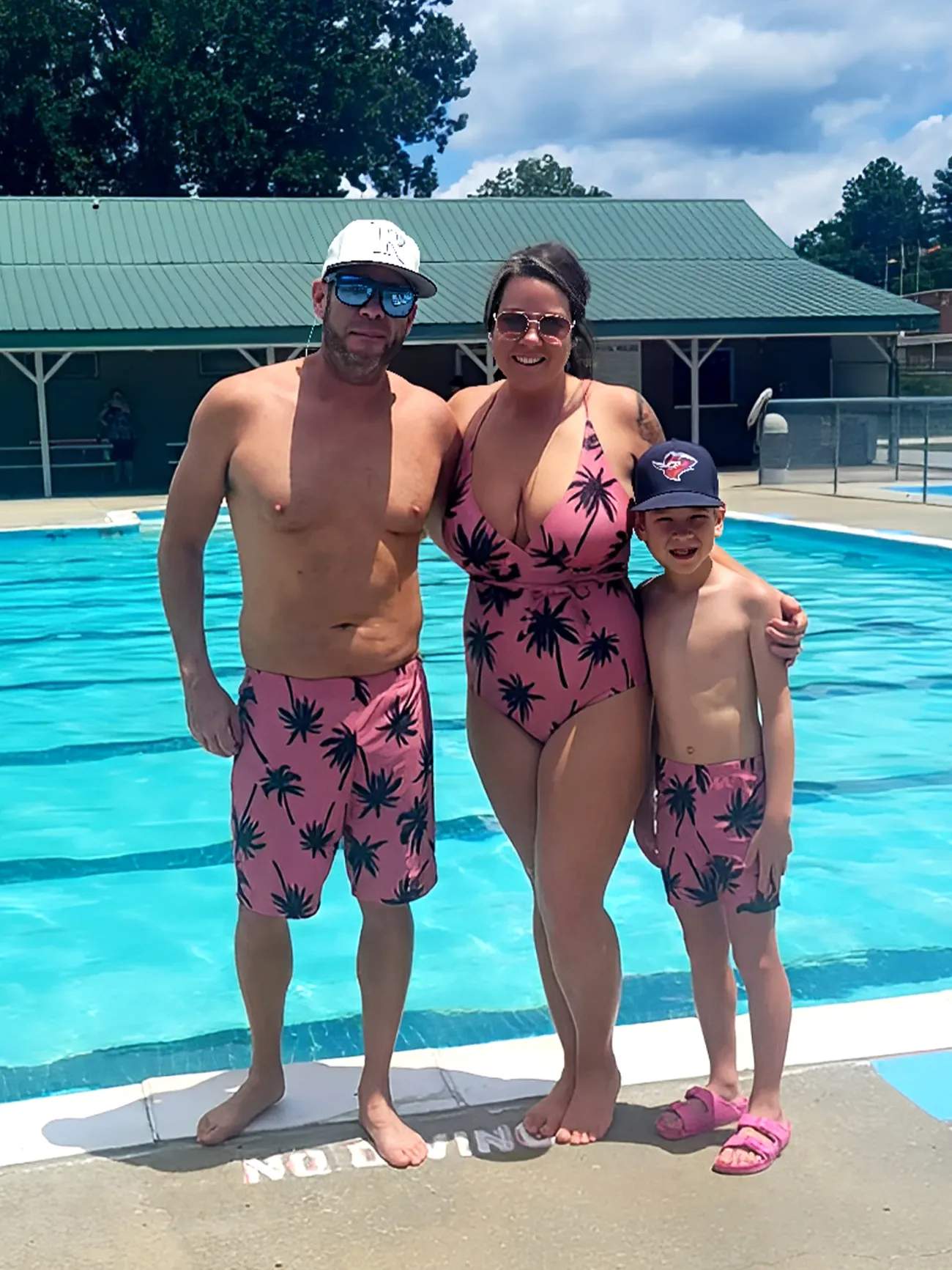 Family Matching All Over Coconut Tree Print Pink Swim Trunks Shorts and Spaghetti Strap One-Piece Swimsuit