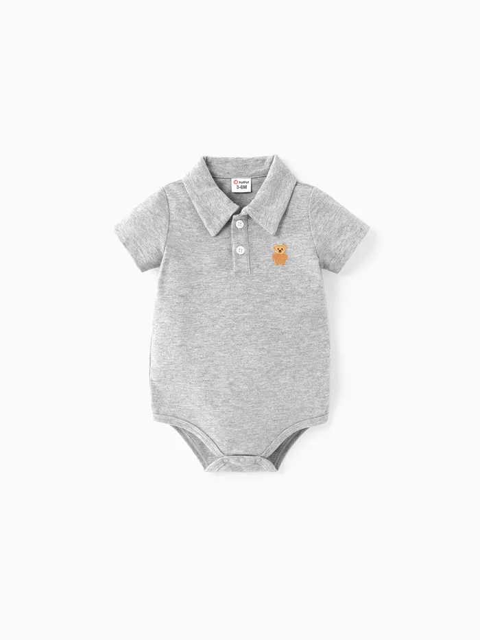 Baby Boy 100% Cotton Bear Embroidered Polo Collar Short-sleeve Pique Rompers