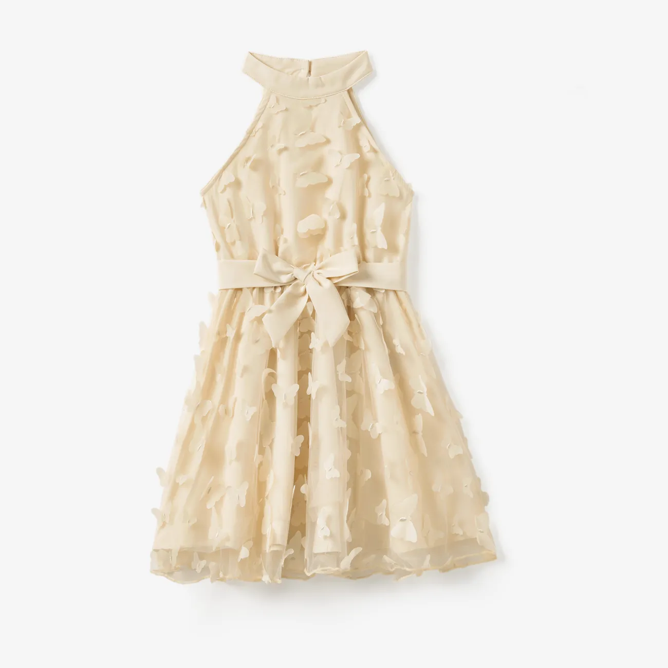 Mommy and Me High Neck Halter 3D Butterfly Mesh Belted Dress