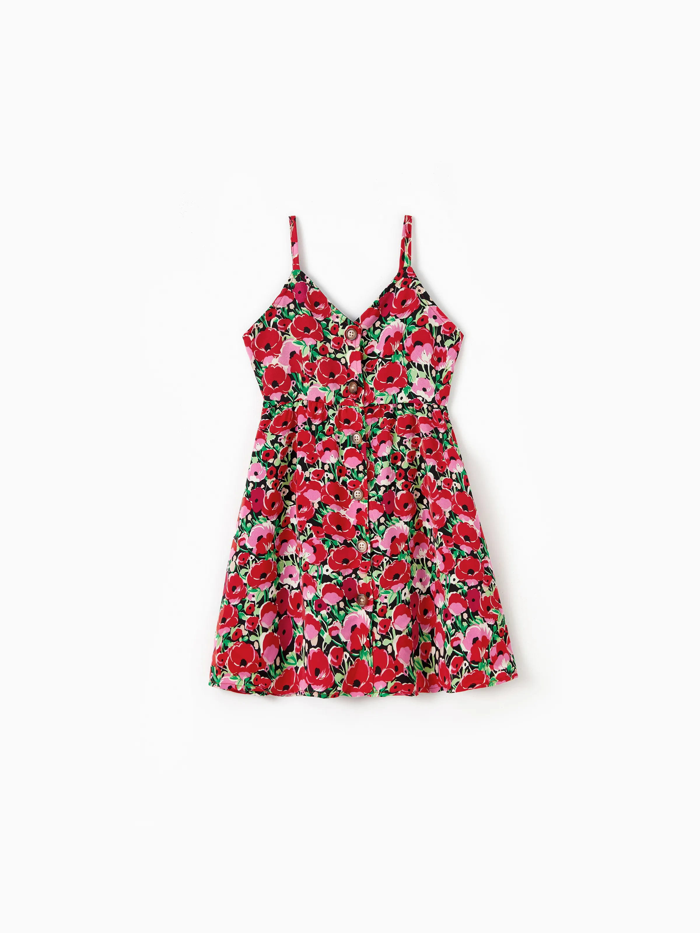 

Mommy and Me Red Floral V-Neck Button Up Spaghetti Strap A-Line Matching Dresses