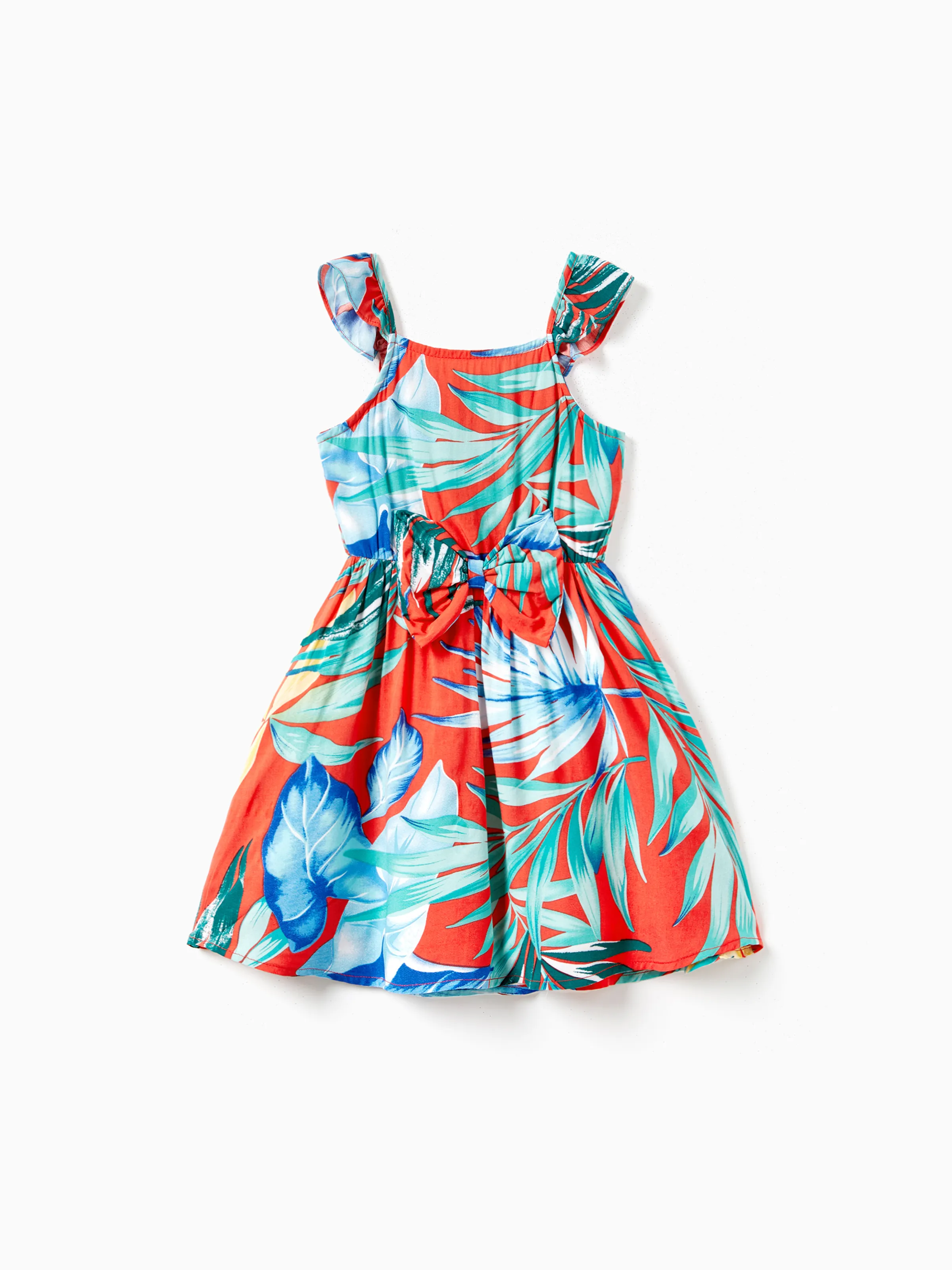 

Family Matching Color Block Tee and Drawstring Tropical Leaf Printed Shirred Back Strap Dress Sets