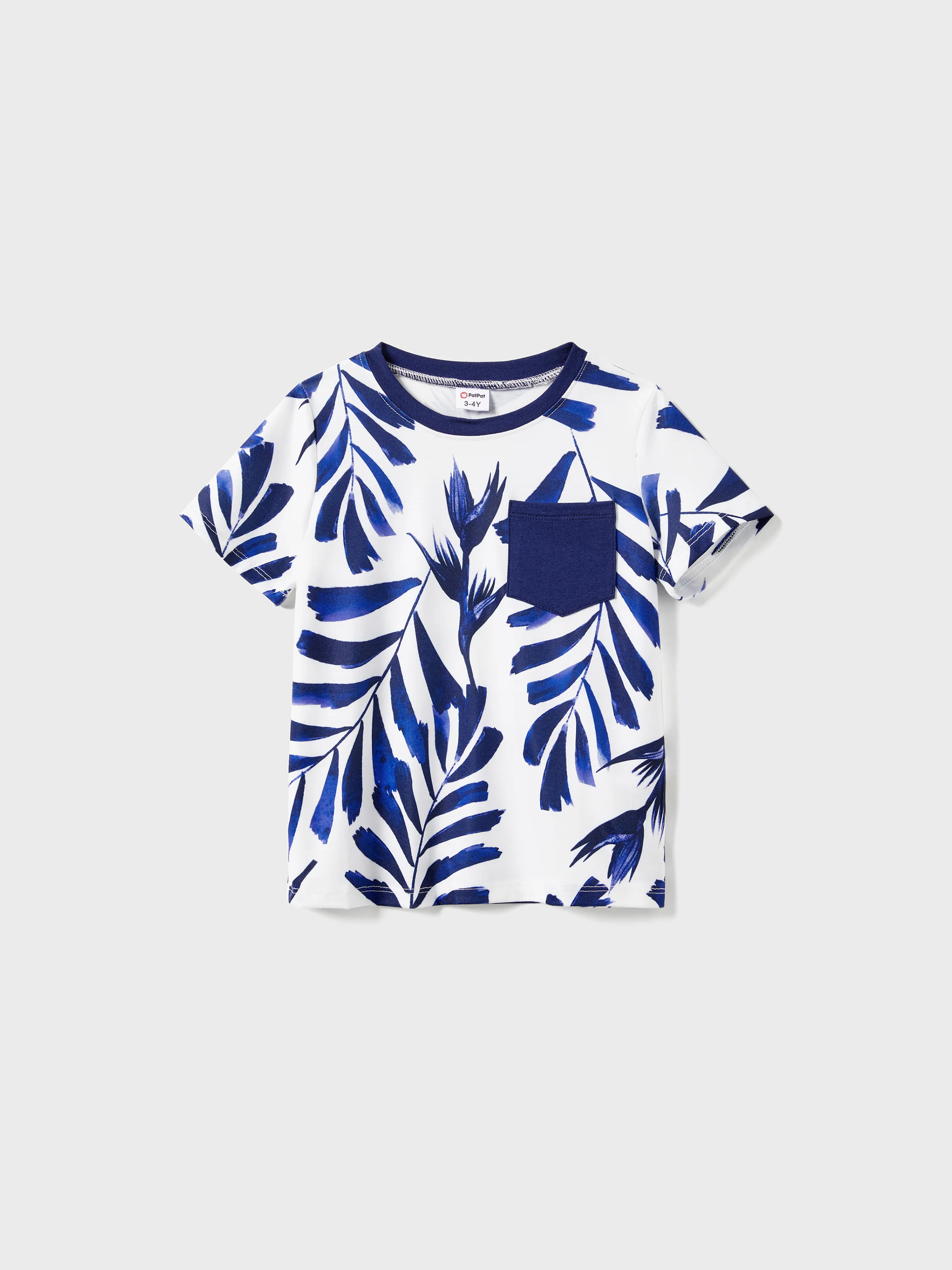 

Family Matching Modern Blue and White Botanical Leaf Design Button Strap Dress and Color Block Tee Sets