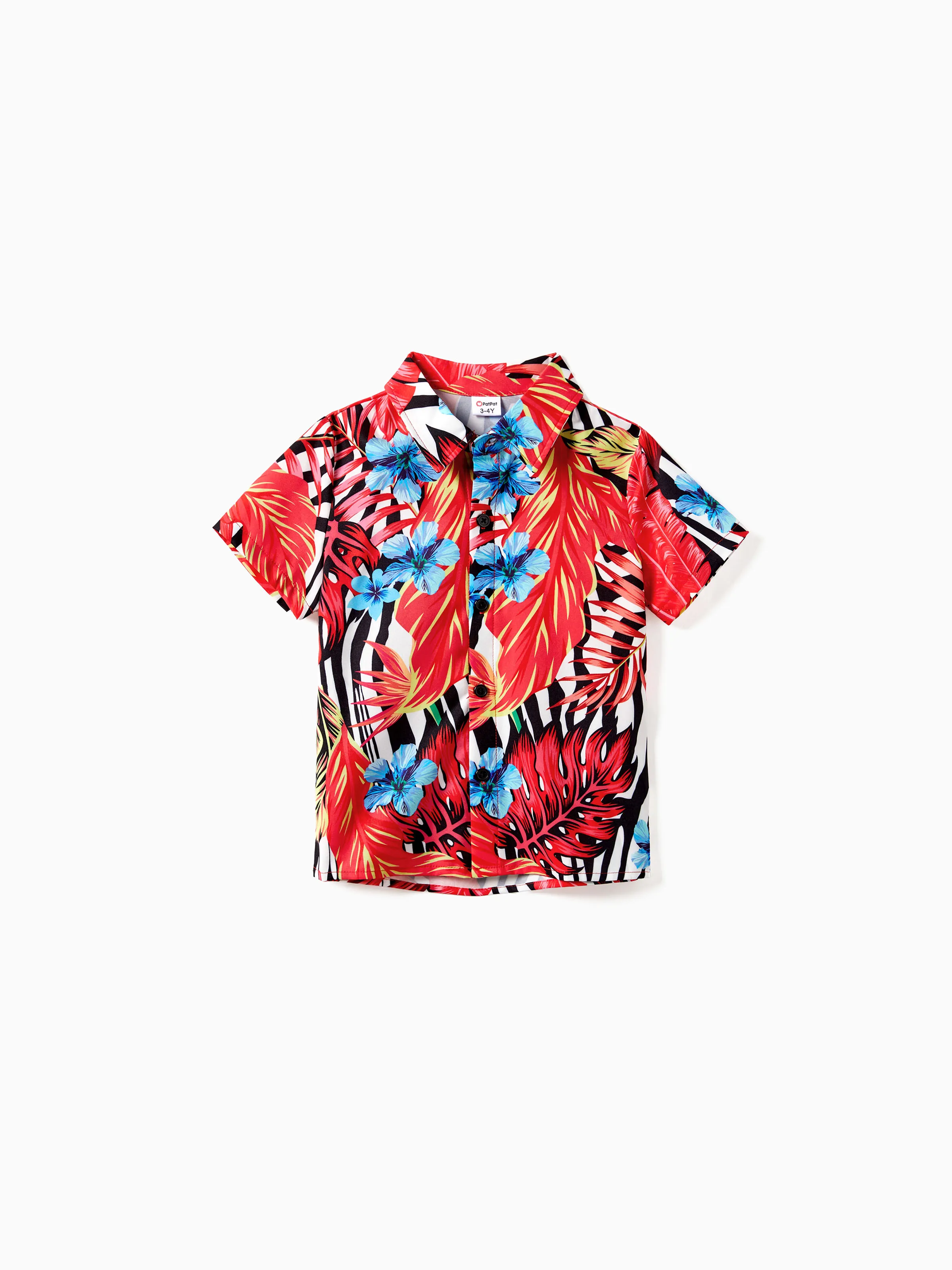 

Family Matching Red Leaf Print Zebra Stripe Beach Shirt and High Neck Halter Belted Dress Sets