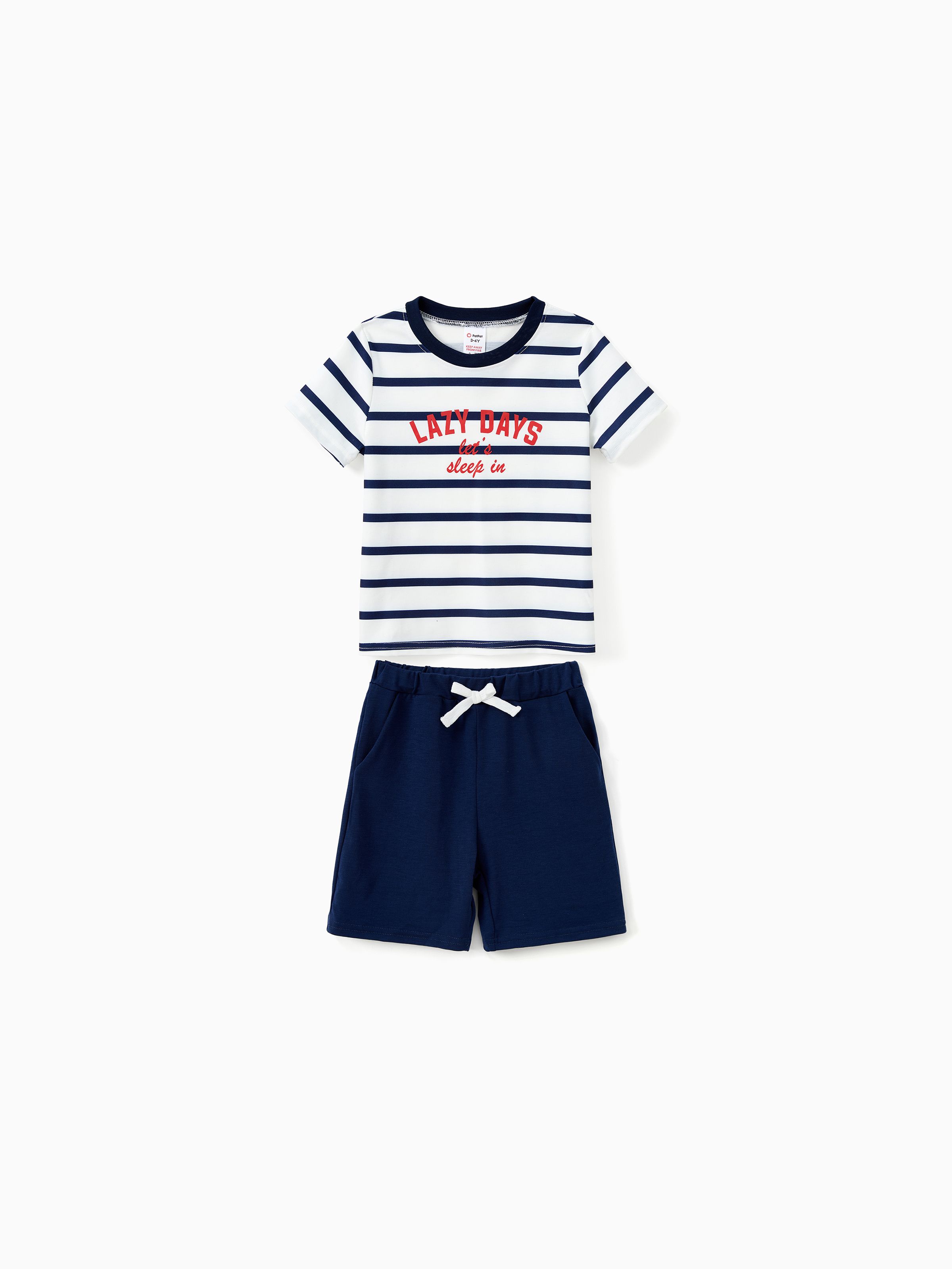 

Family Matching Pajamas Sets Preppy Style Striped Slogan Print Crew Neck Top and Navy Blue Drawstring Shorts