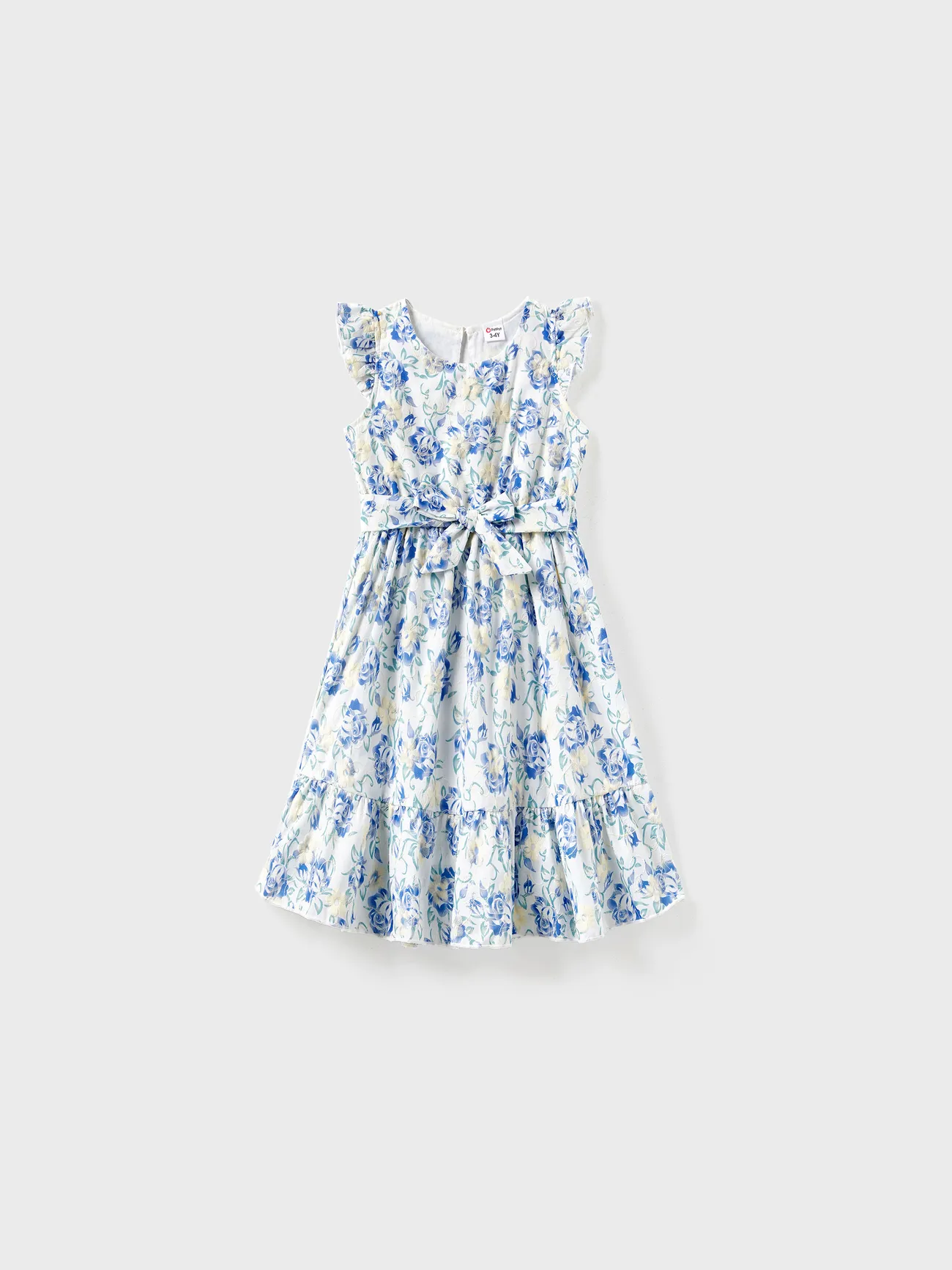 

Mommy and Me Blue Floral Flutter Sleeves Ruffle Hem Belted Dress