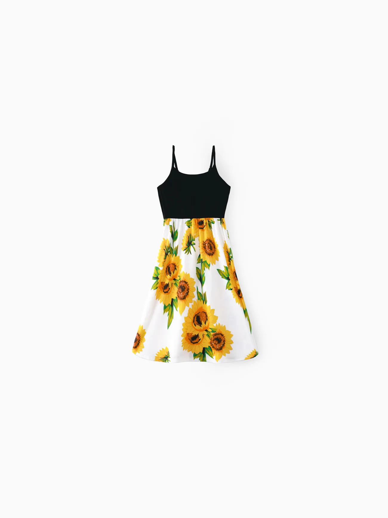 Family Matching Solid Spaghetti Strap Splicing Sunflower Floral Print Dresses and Short-sleeve T-shirts Sets