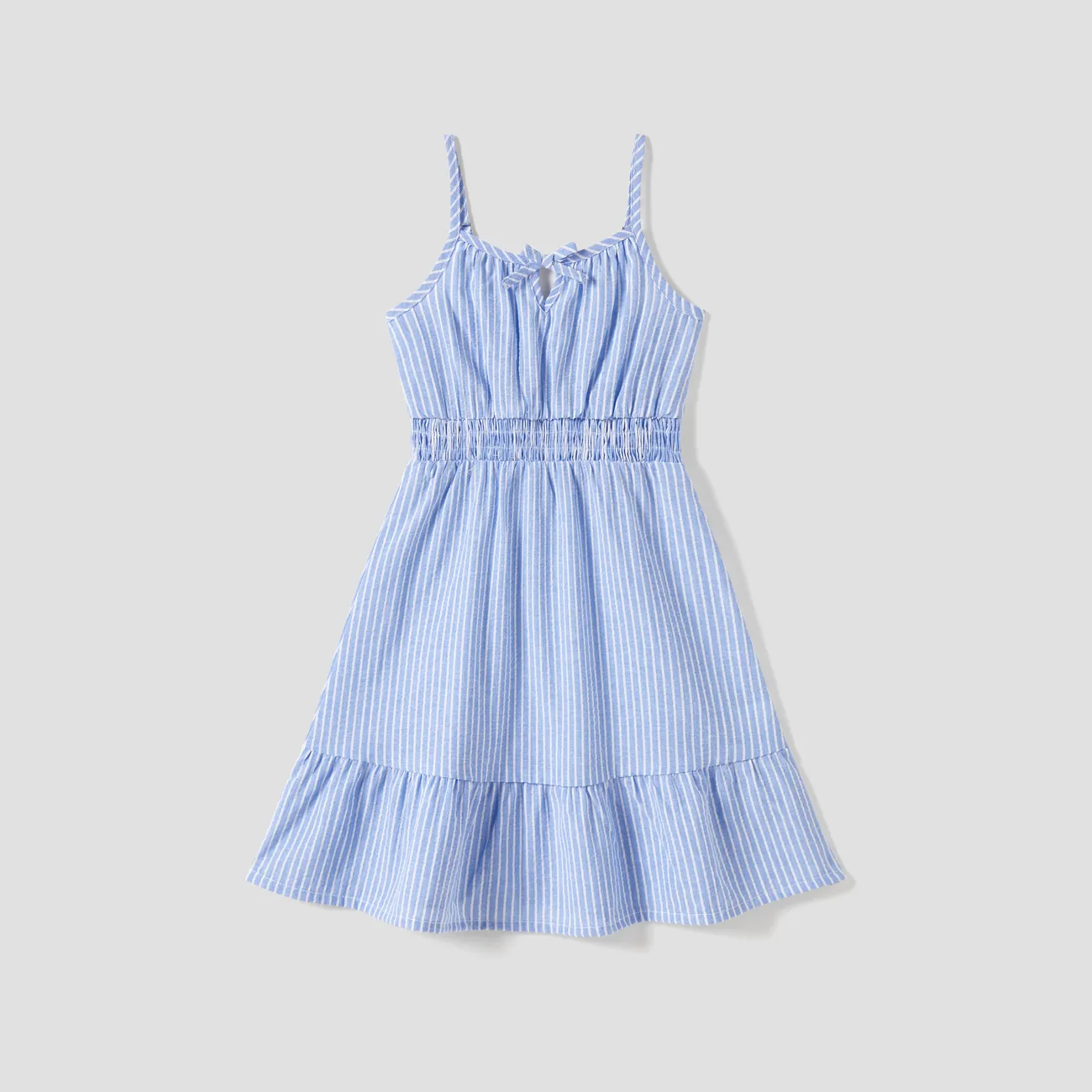 Family Matching Blue Stripe Panel Polo Shirt and Tie Neck Shirred Waist Stripe Strap Dress Sets