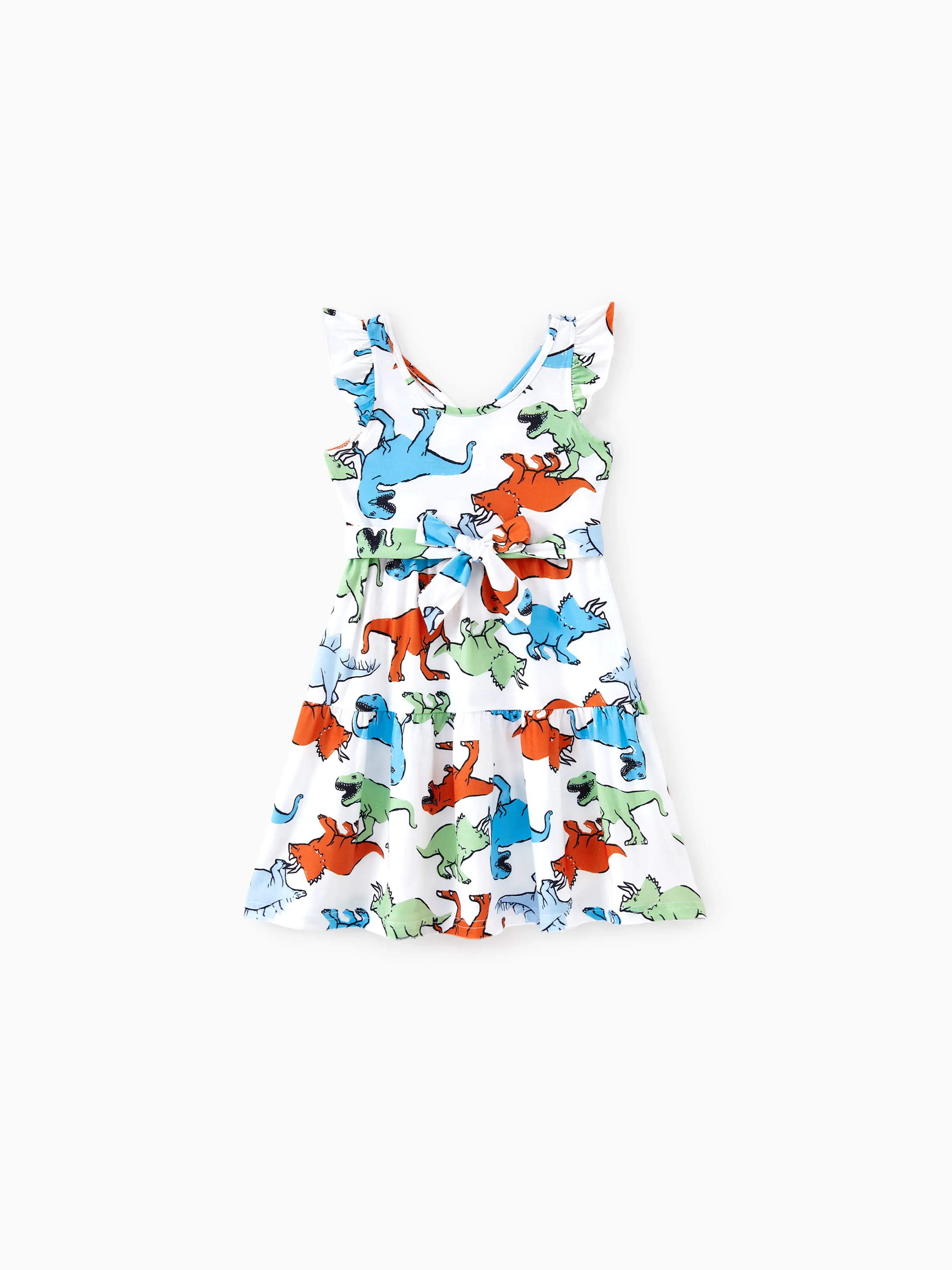 

Family Matching Sets Colorful Dinosaur Pattern Shirt or Button Decor Elastic Waist Ruffle Hem Dress