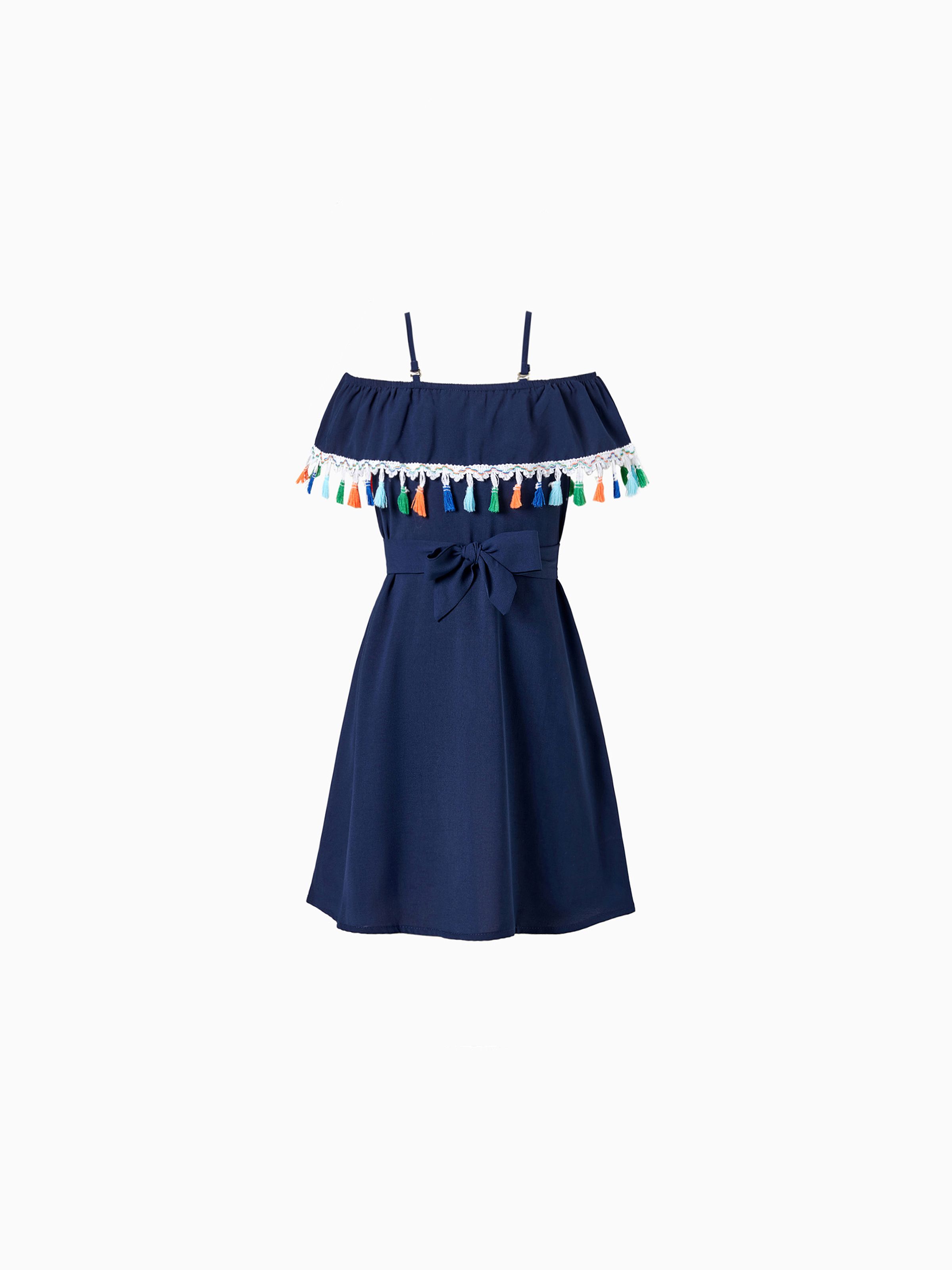 

Mommy and Me Navy Blue Off Shoulder Tassel Hem A-Line Belted Dress