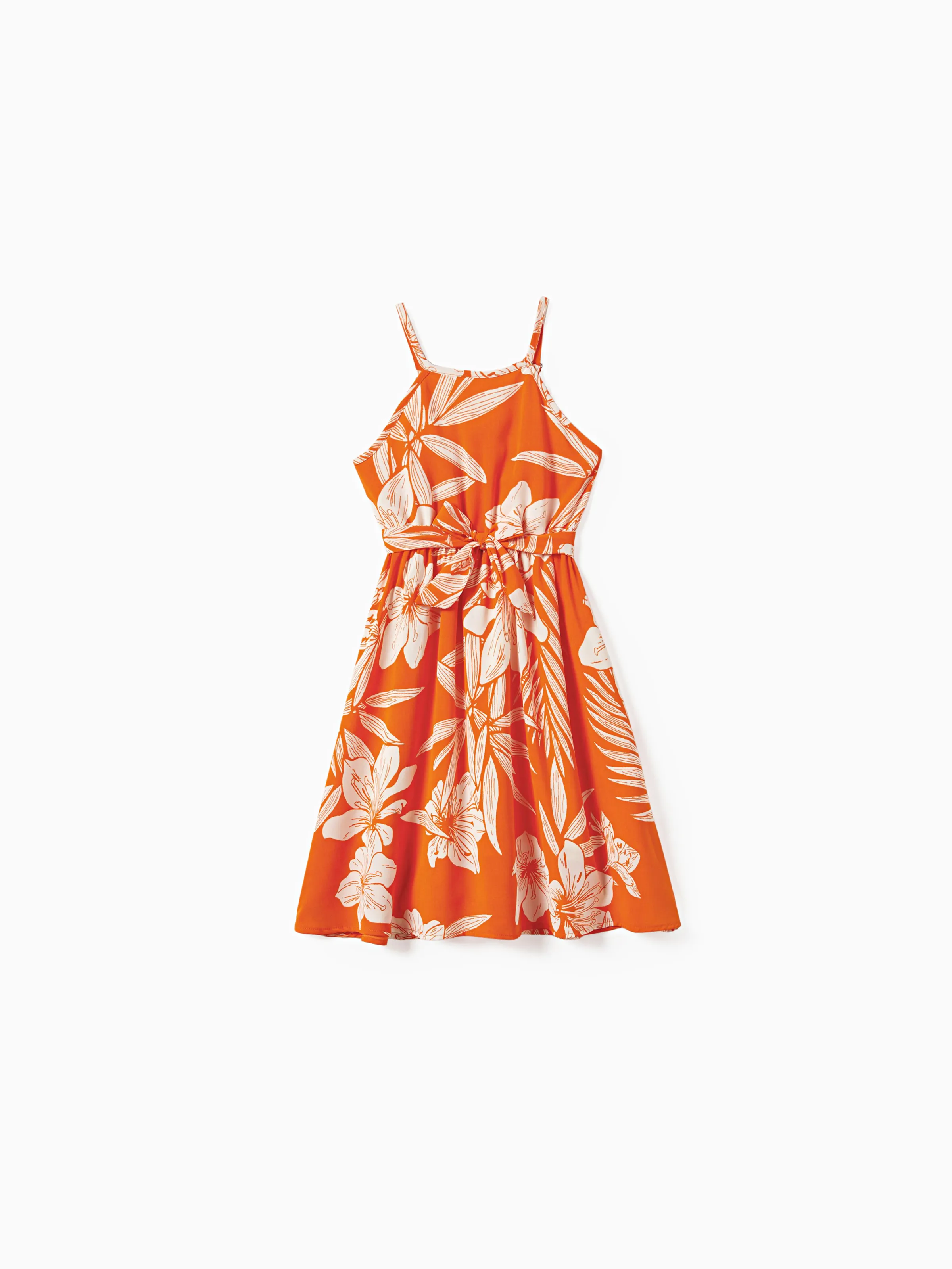 

Family Matching Orange Beach Shirt and Floral Strap Dress Sets