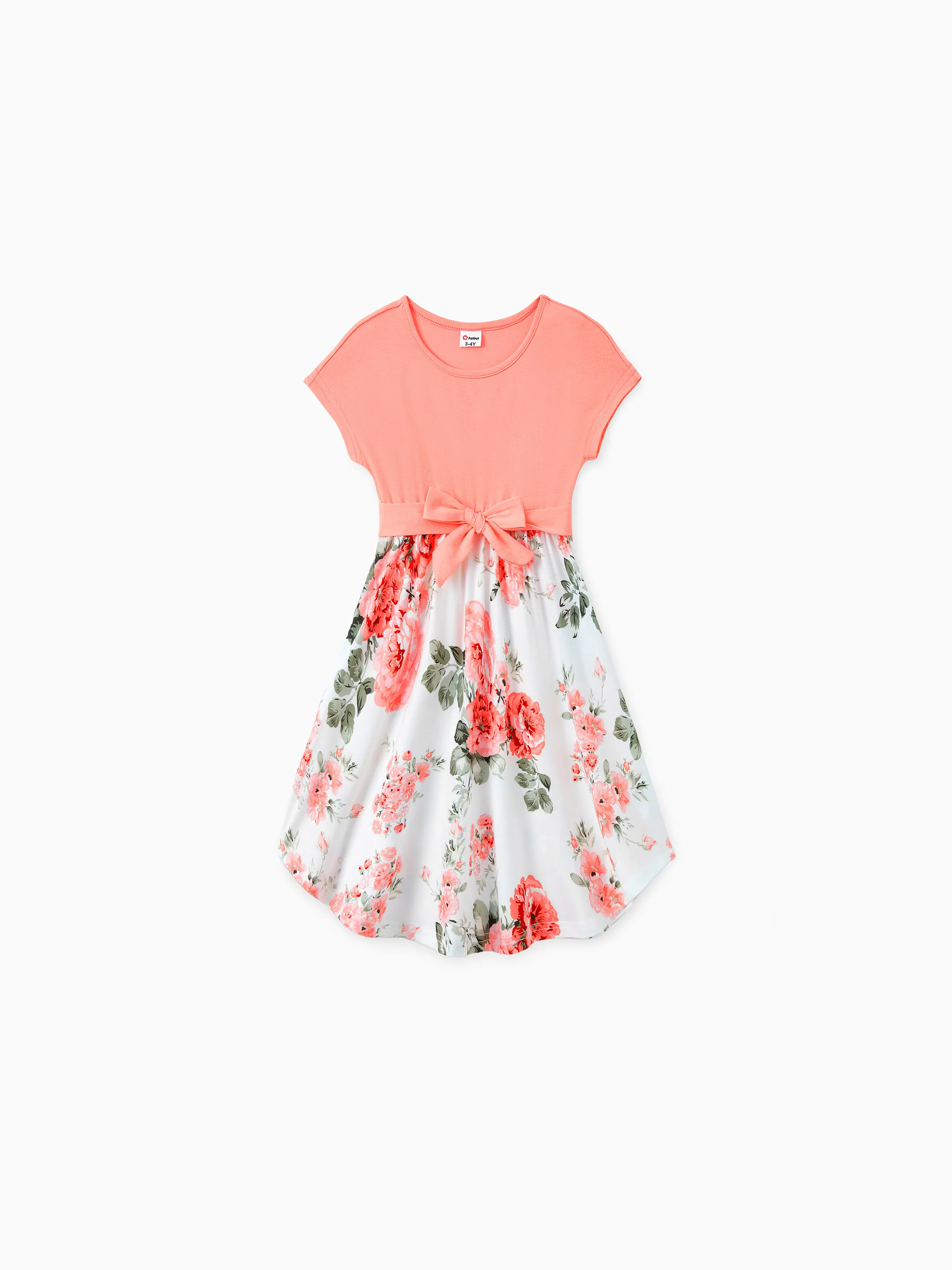 

Family Matching Sets Pinkish Orange Cap-sleeve Spliced Floral Dresses and Short-sleeve Color Block T-shirts