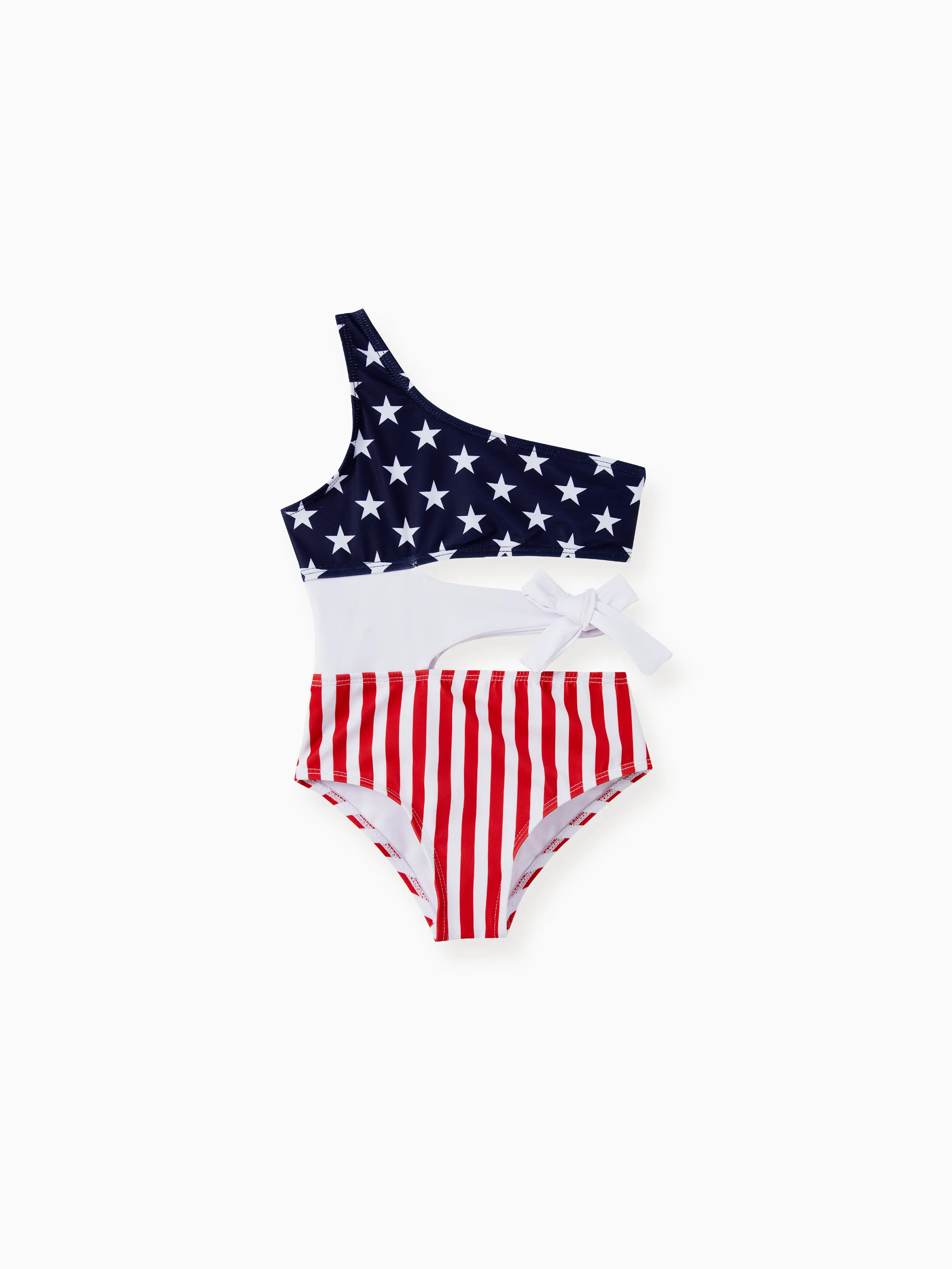 

Independence Day Family Matching Color Block Drawstring Swim Trunks or American Flag One Shoulder Tie Waist One-Piece Swimsuit