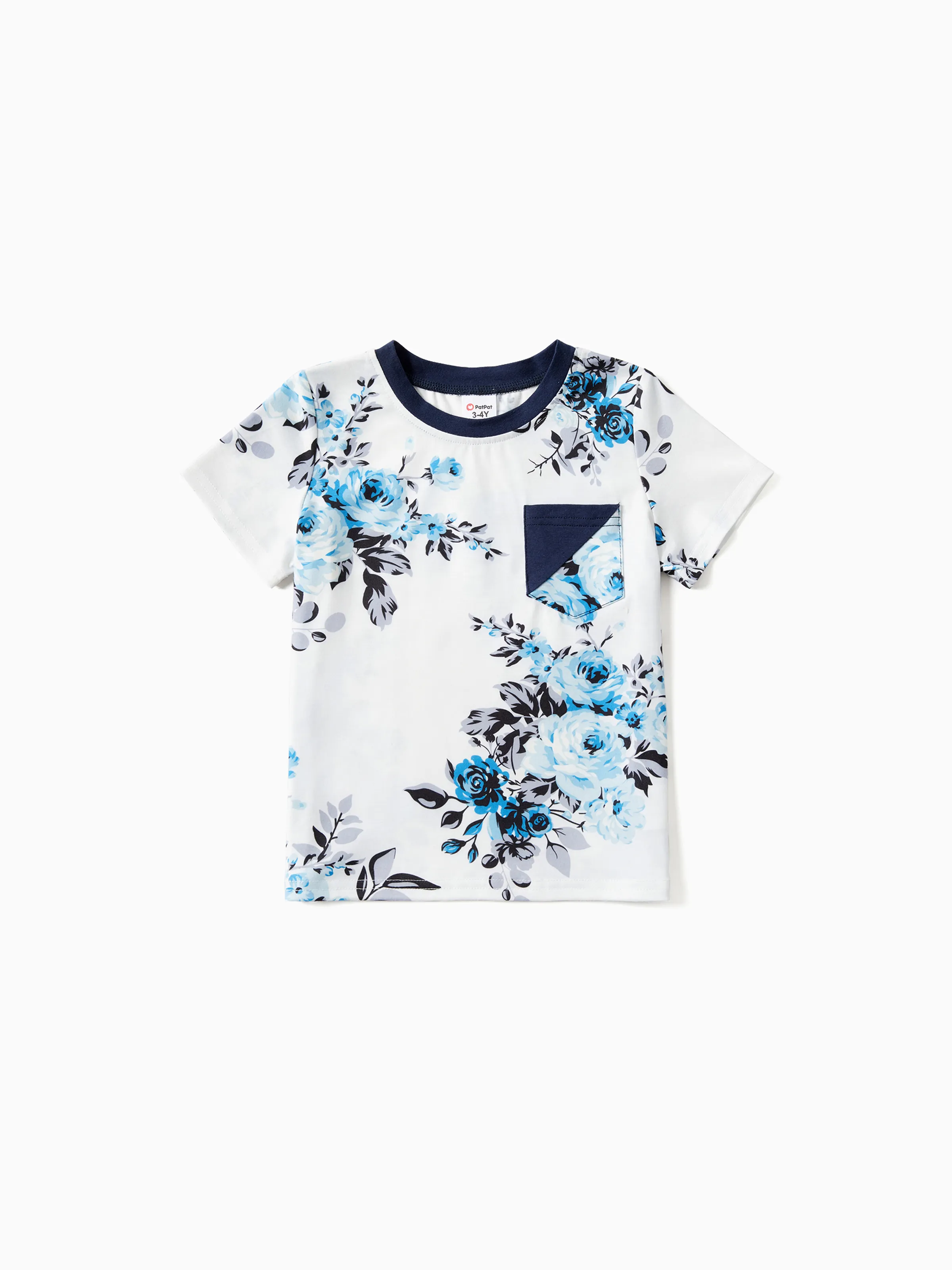 

Family Matching 95% Cotton Dark Blue Short-sleeve T-shirts and Floral Print Spliced Dresses Sets