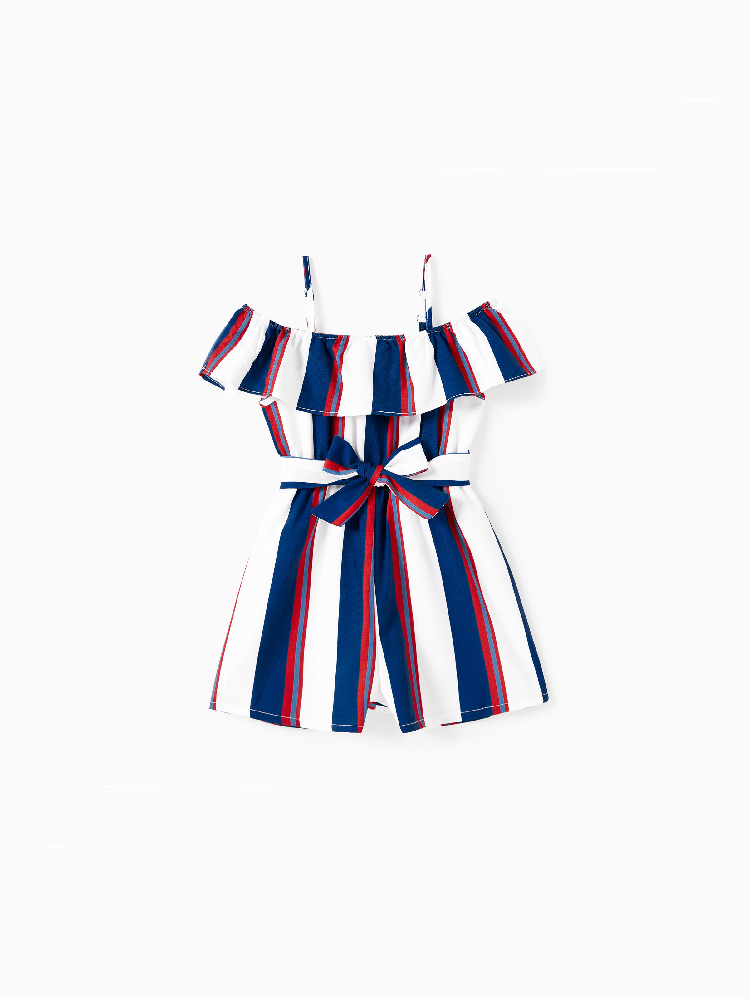 

Mommy and Me Off Shoulder Ruffle Trim Vertical Stripe Romper