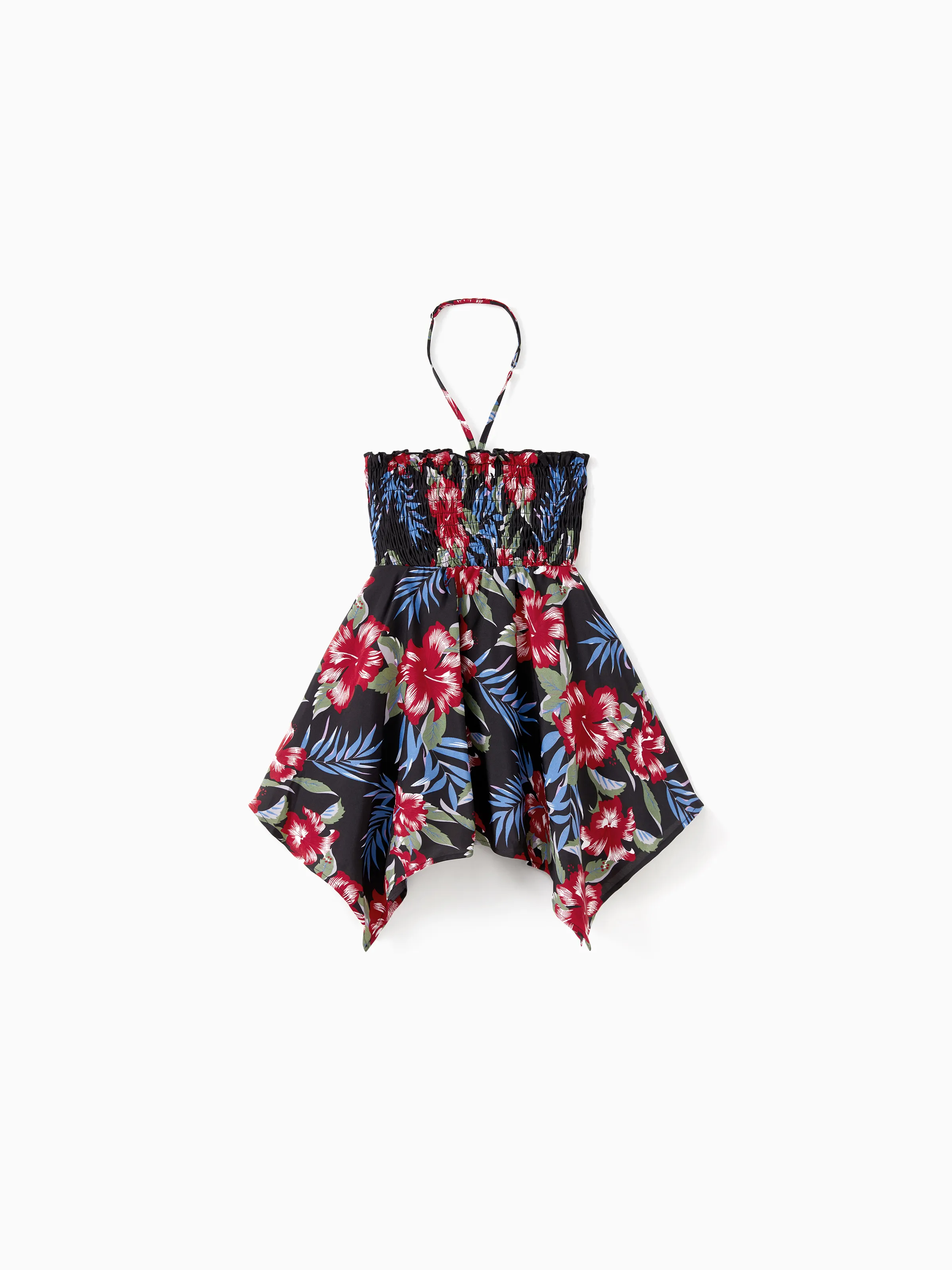 

Family Matching Floral Beach Shirt and Drawstring Front Shirred Back Halter Neck High-Low Dress Sets