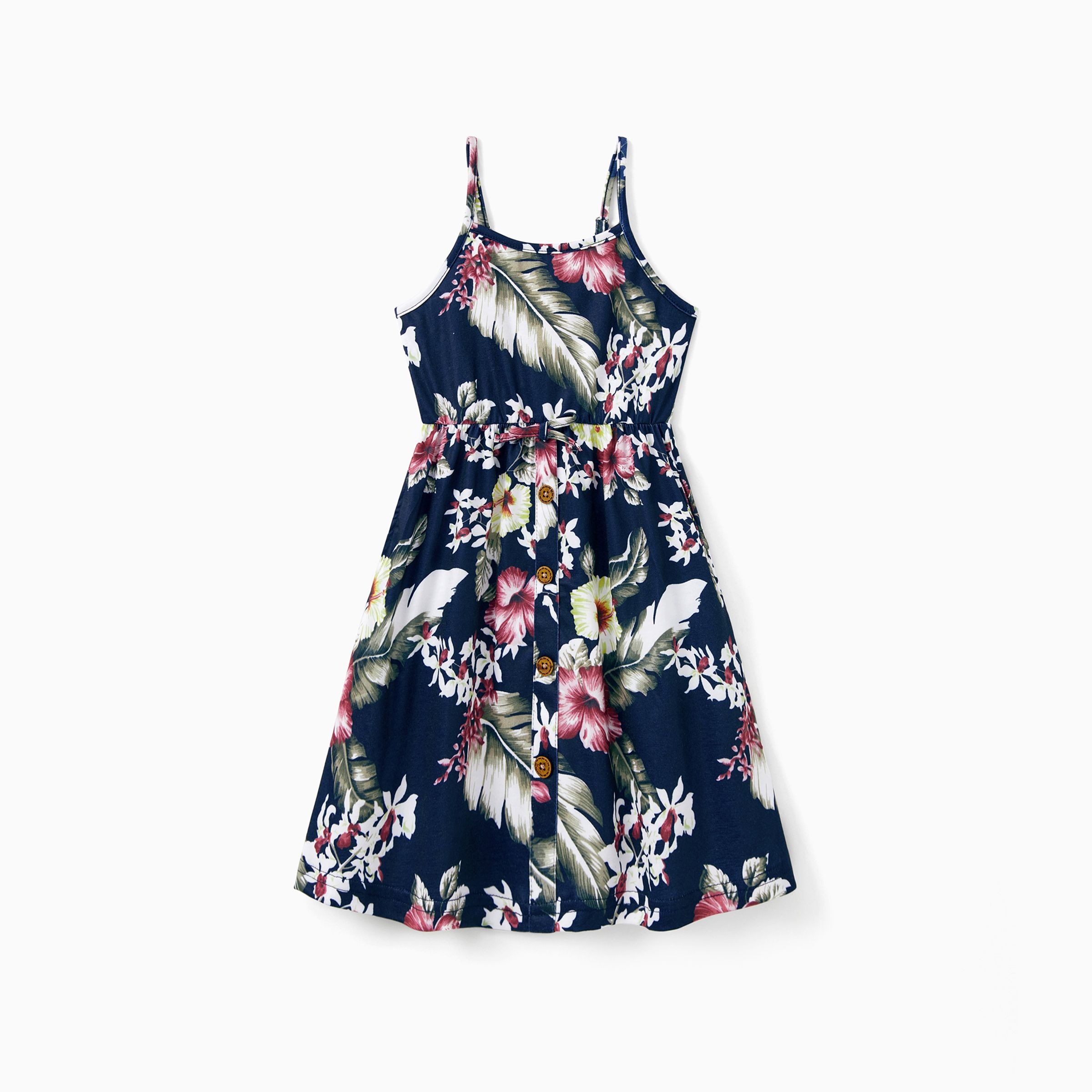 Family Matching Sets Floral Panel Tee Or Button Up Belted Strap Dress With Pockets