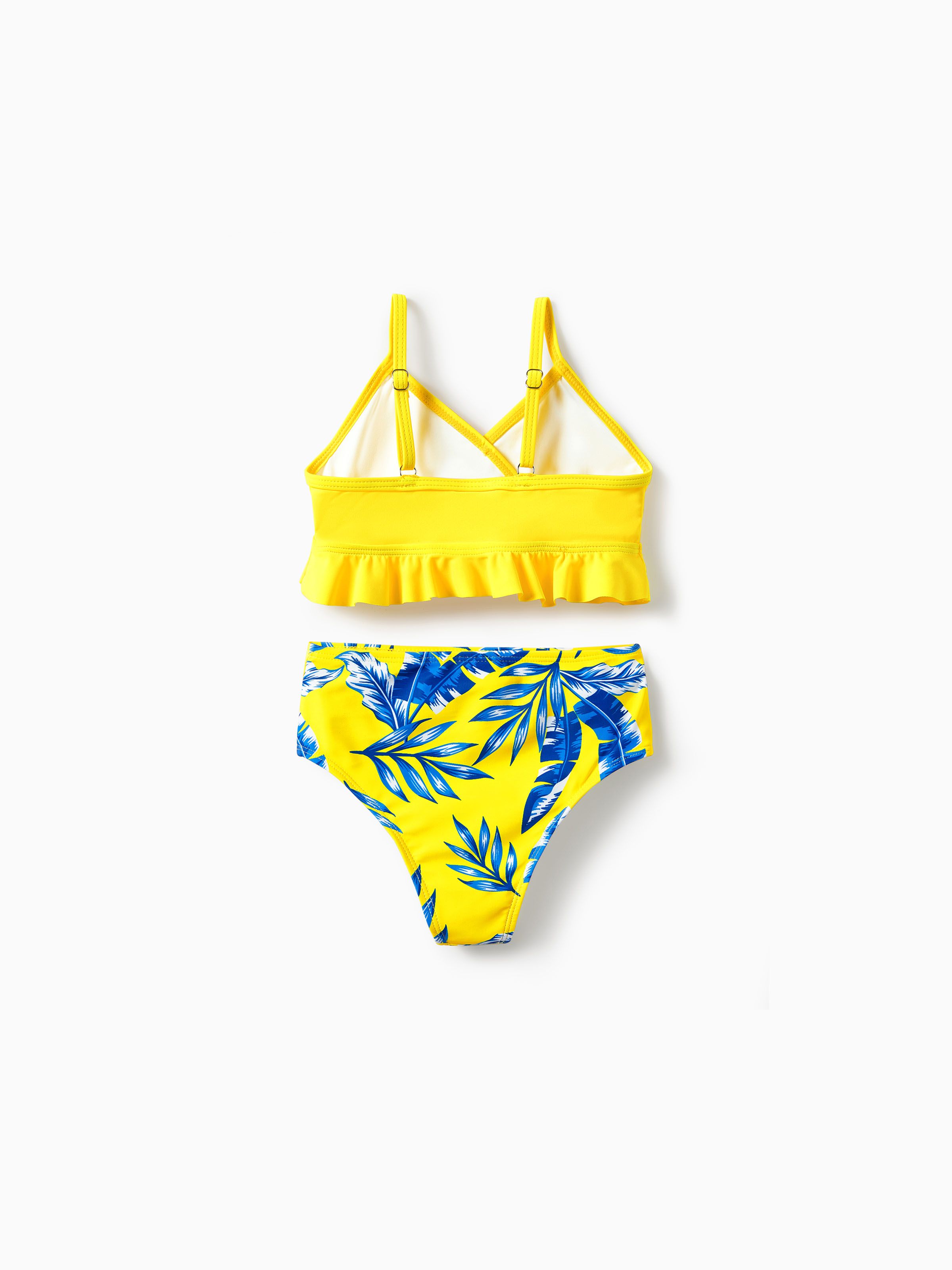 

Family Matching Yellow Leaf Print Swim Trunks or Ruched Flutter Sleeve Bikini with Optional Swim Cover Up