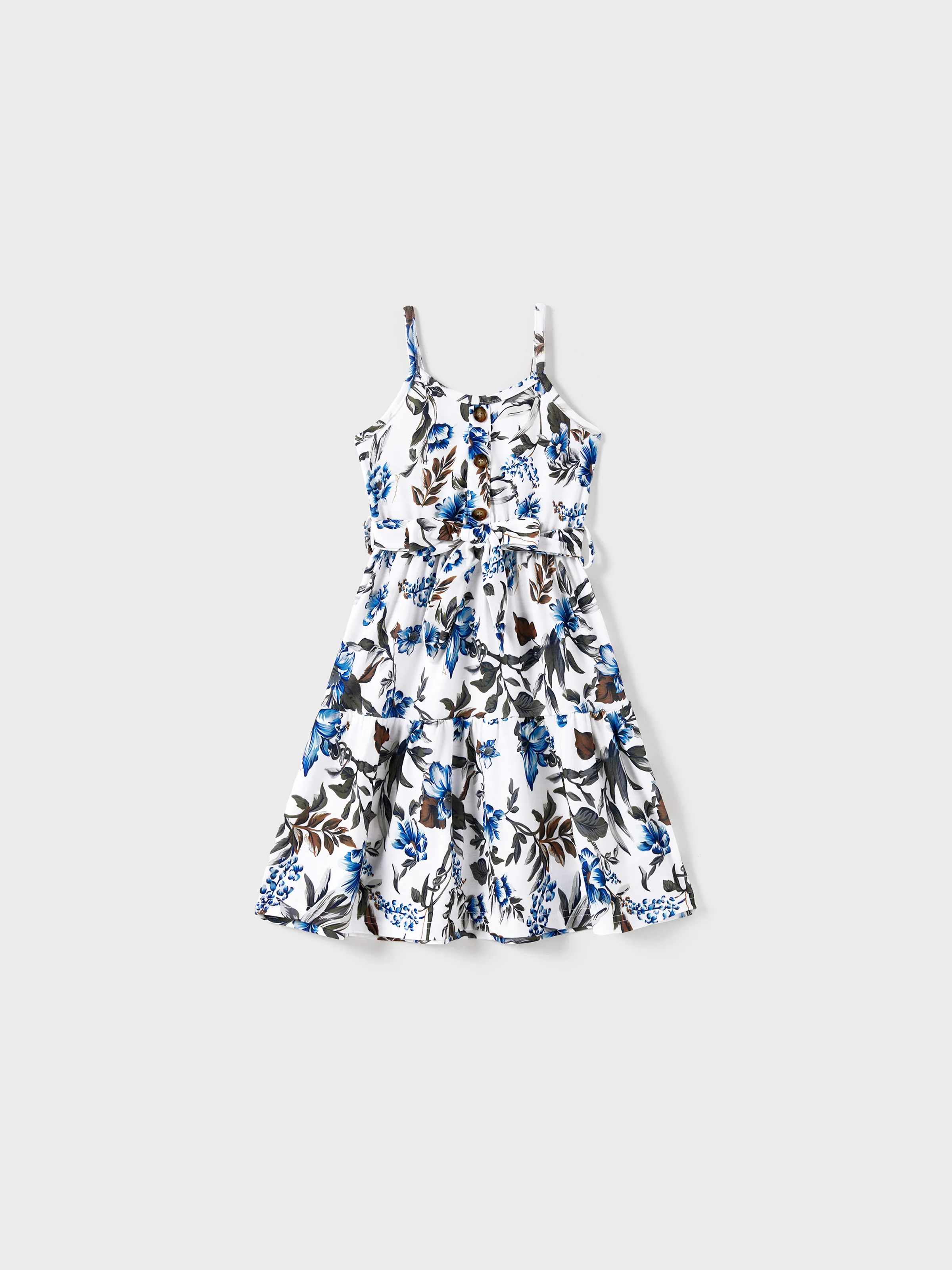 

Family Matching Color Block Tee and Allover Floral Button Up A-Line Strap Dress Sets