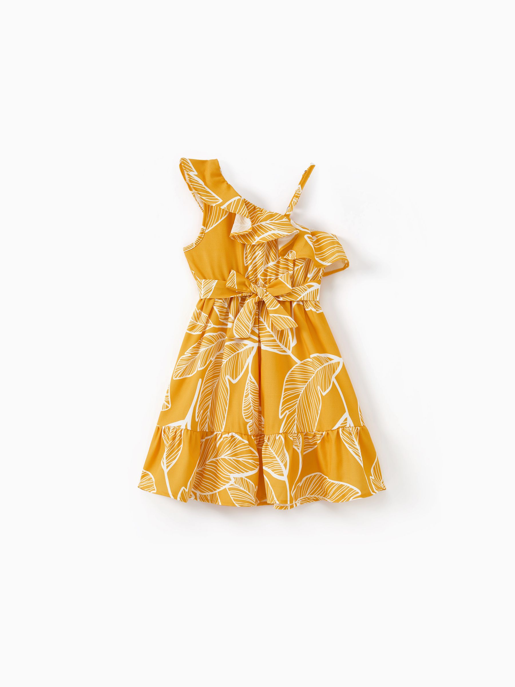 

Mommy and Me Yellow One Shoulder Ruffle Trim Dress with Adjustable Shoulder Strap