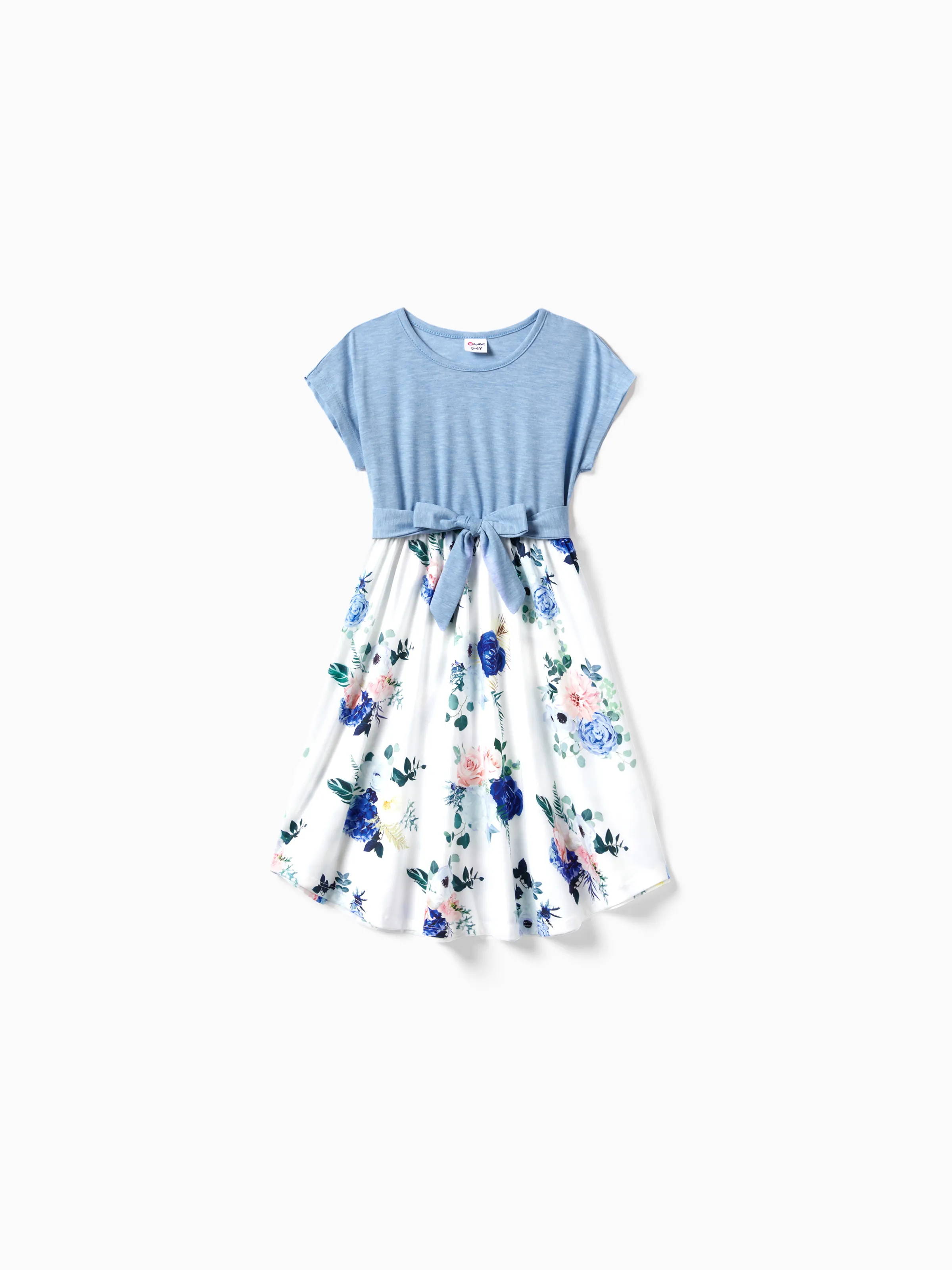 

Family Matching Floral Colorblock T-Shirt and Quarter Button Belted Spliced A-Line Dress Sets