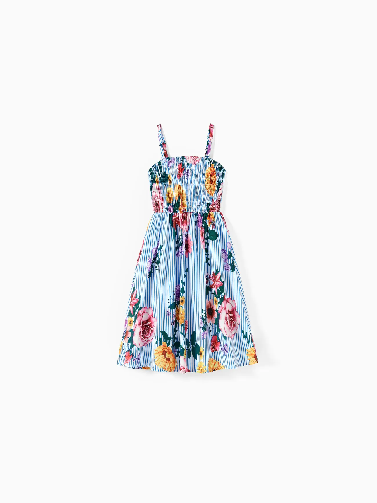 Girl - Family Matching Resort Wear - Denim Blue Shirt and Floral Print Shirred Dress - DENIMBLUE - image 7